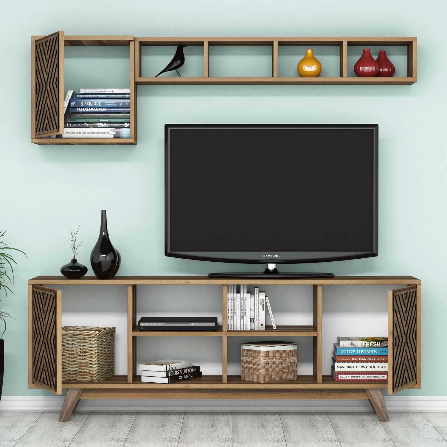 Móvel de TV moderno em nogueira com prateleira de parede, 160 cm | 100% revestido em melamina, 18 mm de espessura | Design elegante com várias prateleiras, perfeito para qualquer sala de estar