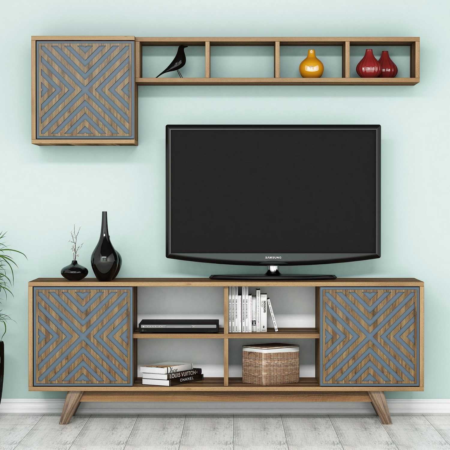 Móvel de TV moderno com prateleira de parede e armário, nogueira e azul, 160 cm | 100% revestido em melamina, 18 mm de espessura | Armazenamento elegante para sala de estar e entretenimento