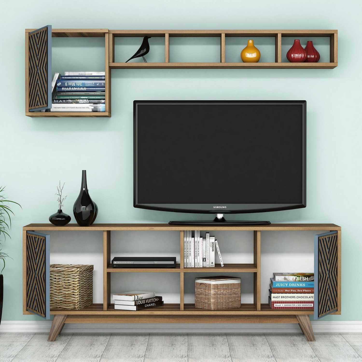 Móvel de TV moderno com prateleira de parede e armário, nogueira e azul, 160 cm | 100% revestido em melamina, 18 mm de espessura | Armazenamento elegante para sala de estar e entretenimento