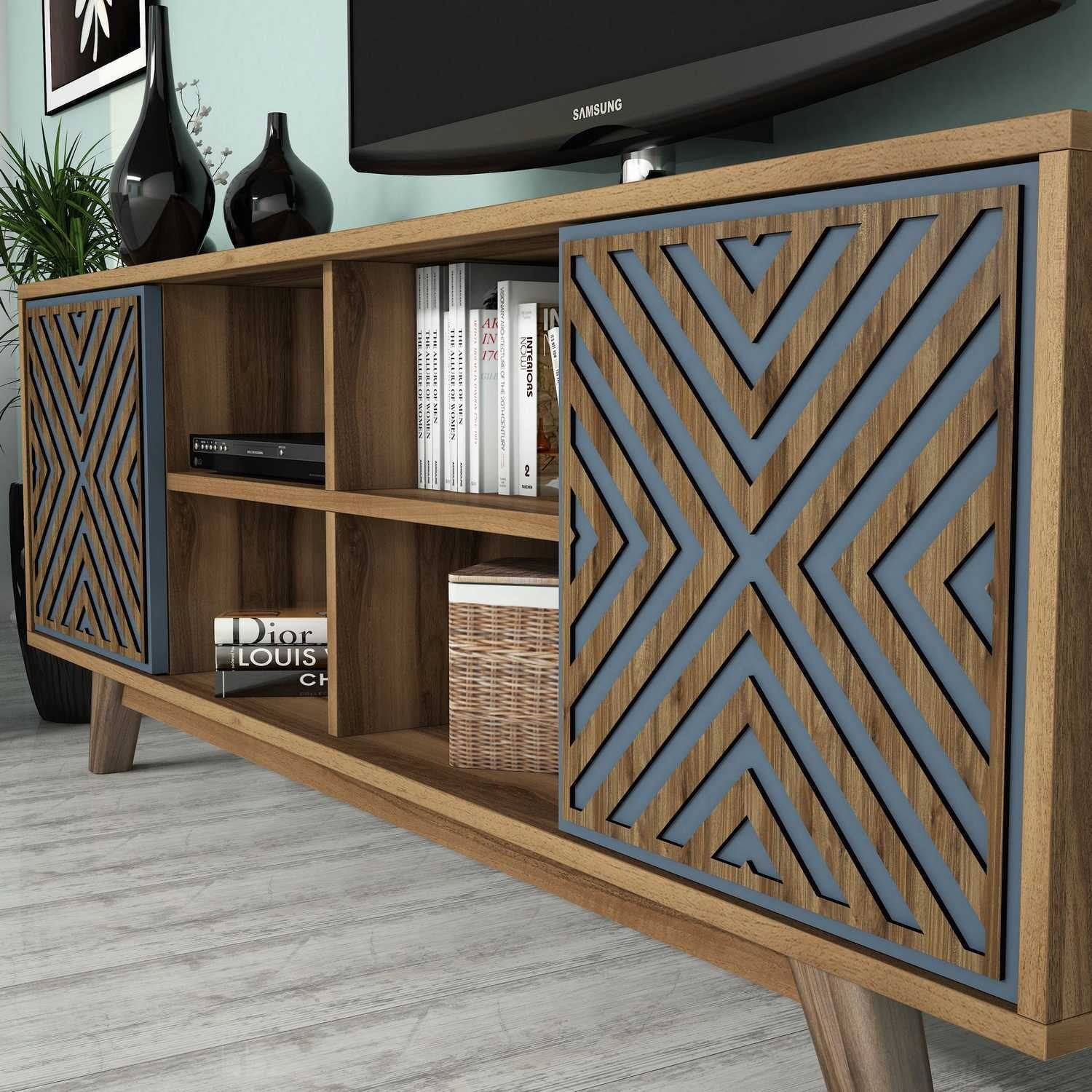 Móvel de TV moderno com prateleira de parede e armário, nogueira e azul, 160 cm | 100% revestido em melamina, 18 mm de espessura | Armazenamento elegante para sala de estar e entretenimento