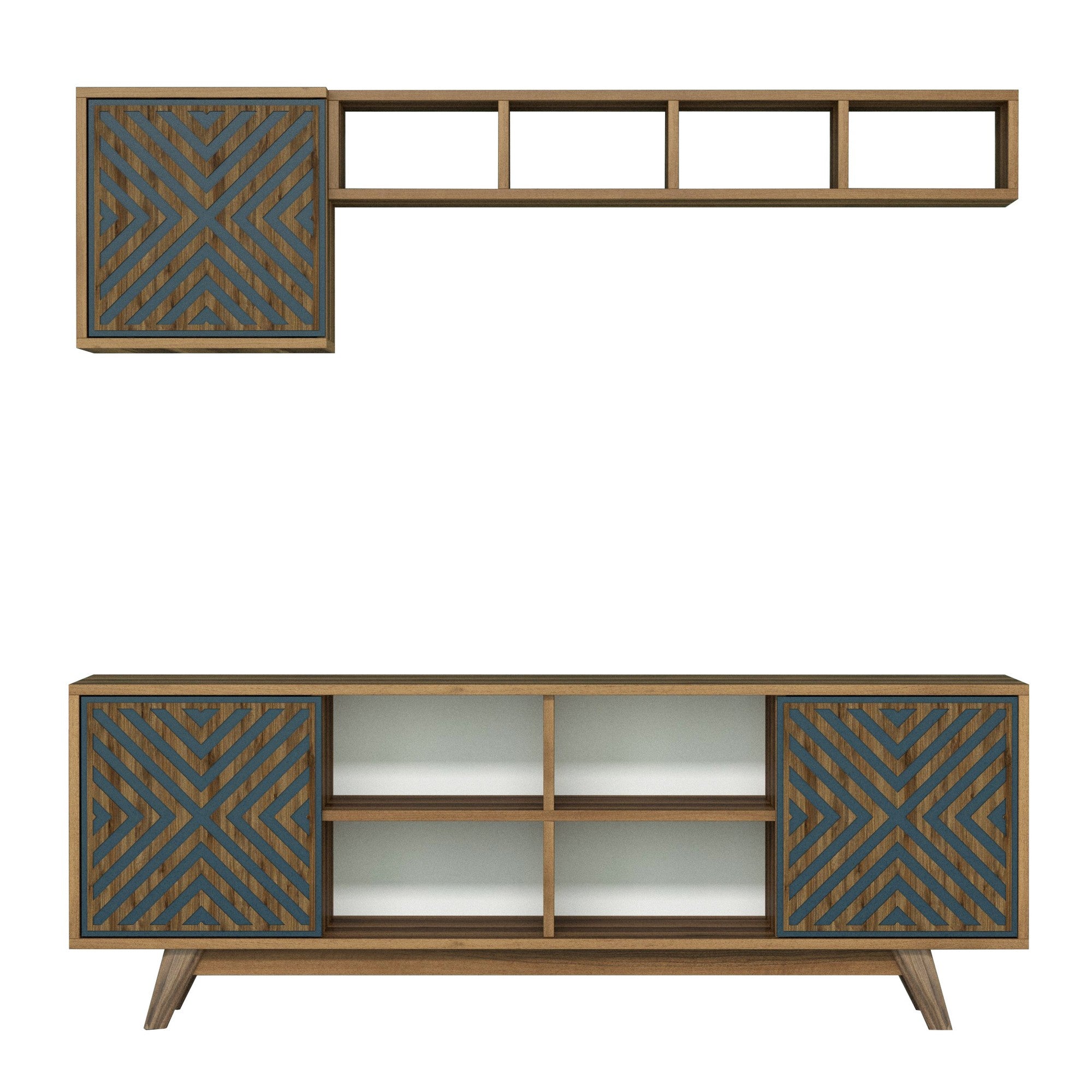 Móvel de TV moderno com prateleira de parede e armário, nogueira e azul, 160 cm | 100% revestido em melamina, 18 mm de espessura | Armazenamento elegante para sala de estar e entretenimento