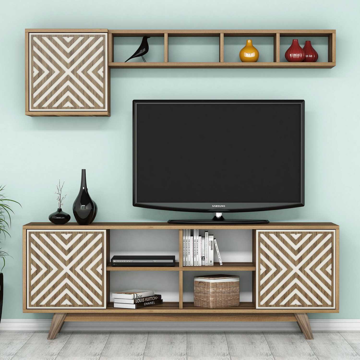 Móvel de TV moderno com prateleira de parede, nogueira e creme, 160 cm | Painel de partículas 100% revestido de melamina, 18 mm de espessura | Design elegante com várias prateleiras