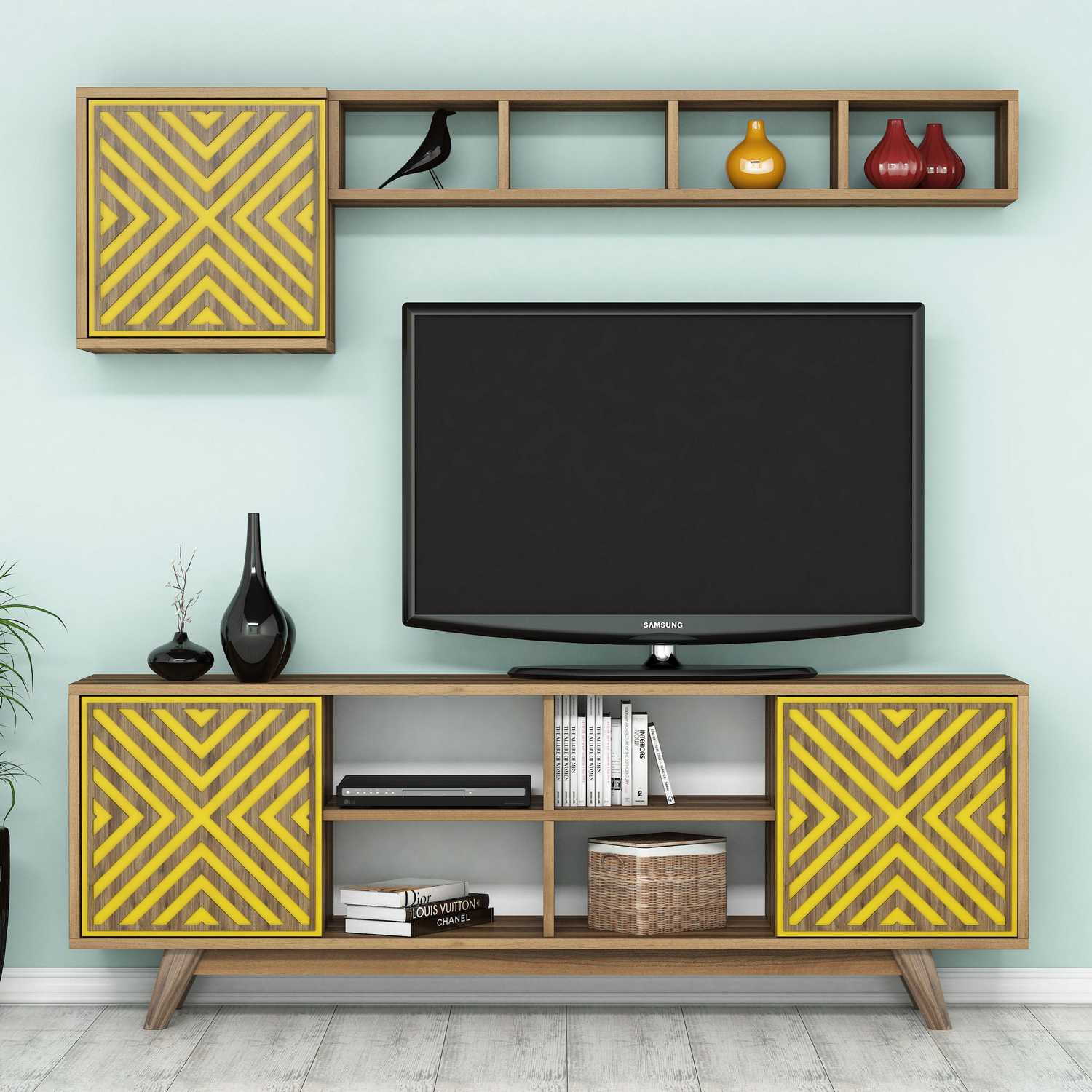 Móvel de TV elegante com prateleira de parede, nogueira e amarelo, 160 cm | Revestimento 100% melamina, 18 mm de espessura | Design Chevron boêmio, perfeito para salas de estar modernas