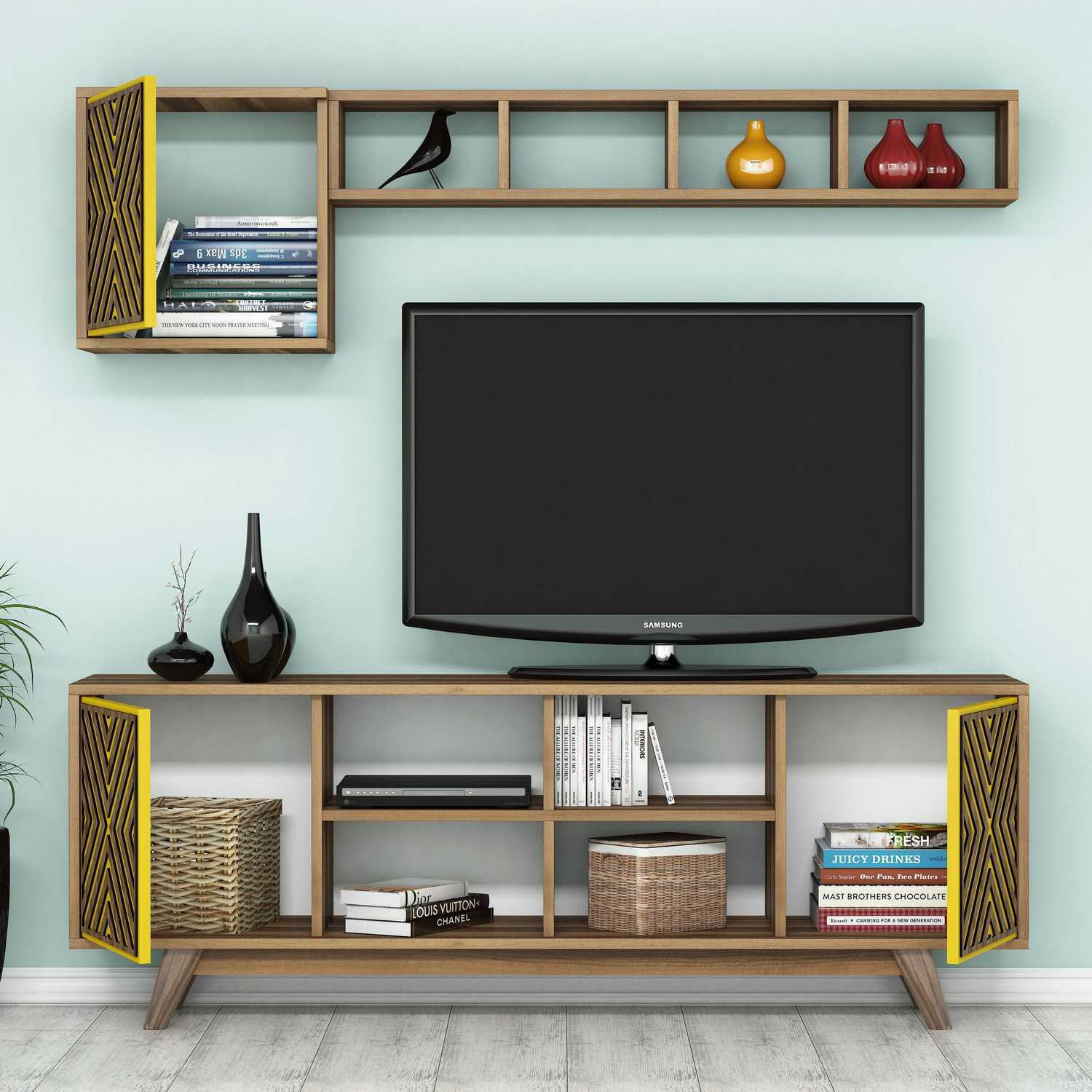Móvel de TV elegante com prateleira de parede, nogueira e amarelo, 160 cm | Revestimento 100% melamina, 18 mm de espessura | Design Chevron boêmio, perfeito para salas de estar modernas