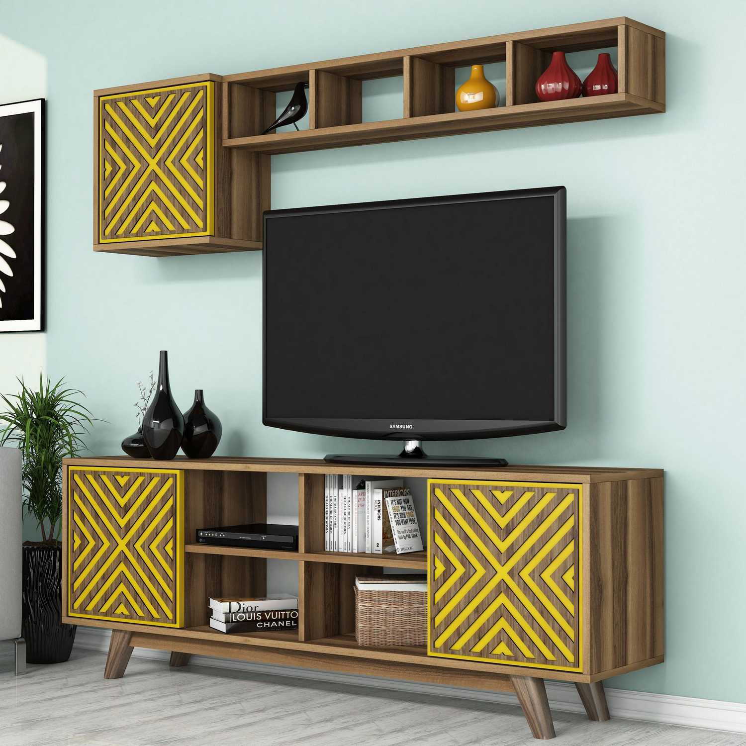Móvel de TV elegante com prateleira de parede, nogueira e amarelo, 160 cm | Revestimento 100% melamina, 18 mm de espessura | Design Chevron boêmio, perfeito para salas de estar modernas