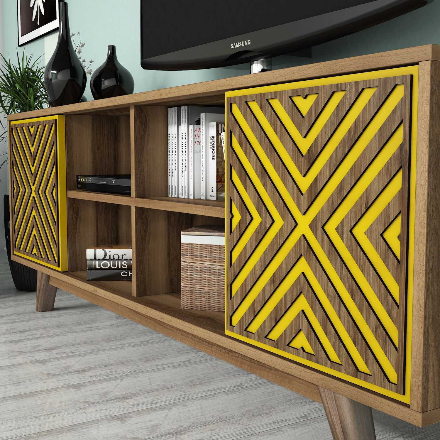 Móvel de TV elegante com prateleira de parede, nogueira e amarelo, 160 cm | Revestimento 100% melamina, 18 mm de espessura | Design Chevron boêmio, perfeito para salas de estar modernas