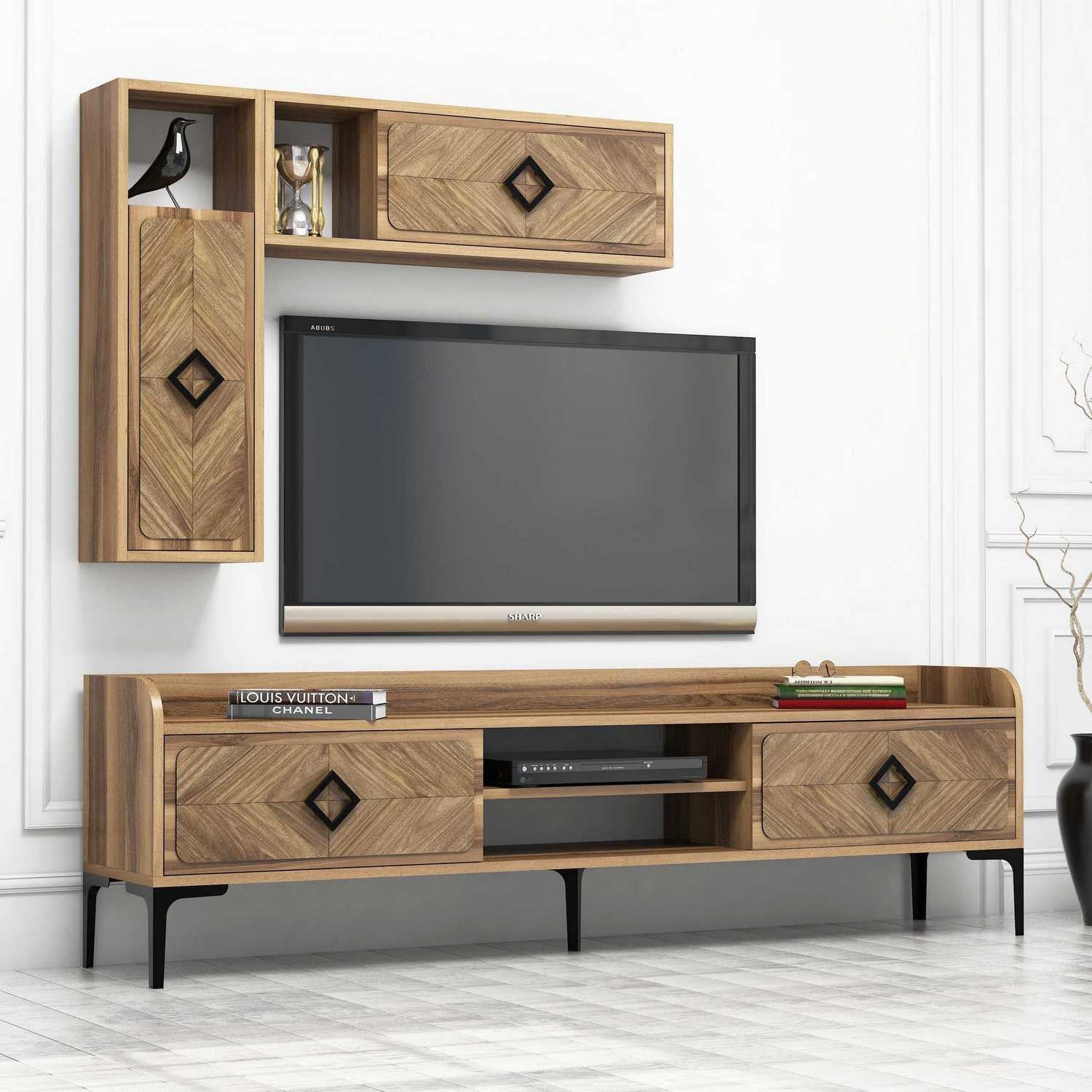 Móvel de TV moderno em nogueira com prateleiras de parede (2 peças), 180 cm x 52 cm x 35 cm | 100% revestido em melamina, 18 mm de espessura | Elegante e funcional para espaços de convivência
