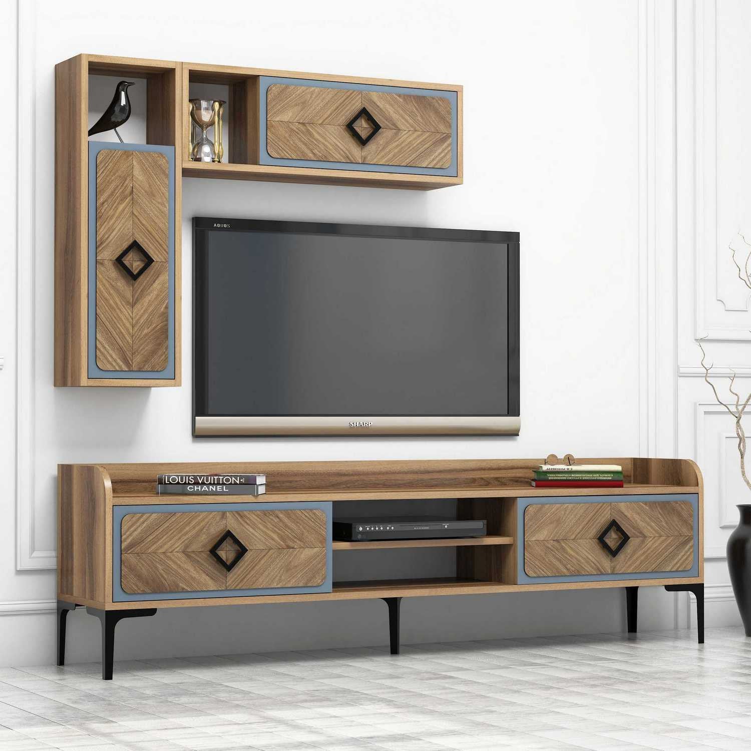 Móvel de TV moderno com prateleiras de parede (2 peças), nogueira e azul, 180 x 52 x 35 cm | 100% revestido em melamina, 18 mm de espessura | Solução de armazenamento elegante e funcional