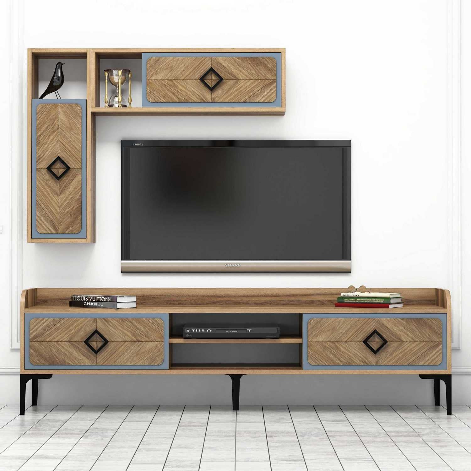 Móvel de TV moderno com prateleiras de parede (2 peças), nogueira e azul, 180 x 52 x 35 cm | 100% revestido em melamina, 18 mm de espessura | Solução de armazenamento elegante e funcional