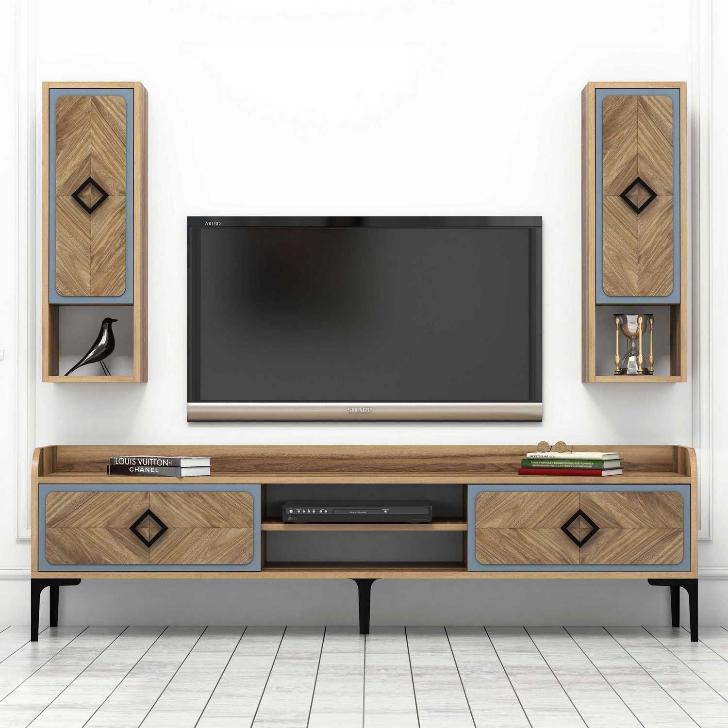 Móvel de TV moderno com prateleiras de parede (2 peças), nogueira e azul, 180 x 52 x 35 cm | 100% revestido em melamina, 18 mm de espessura | Solução de armazenamento elegante e funcional