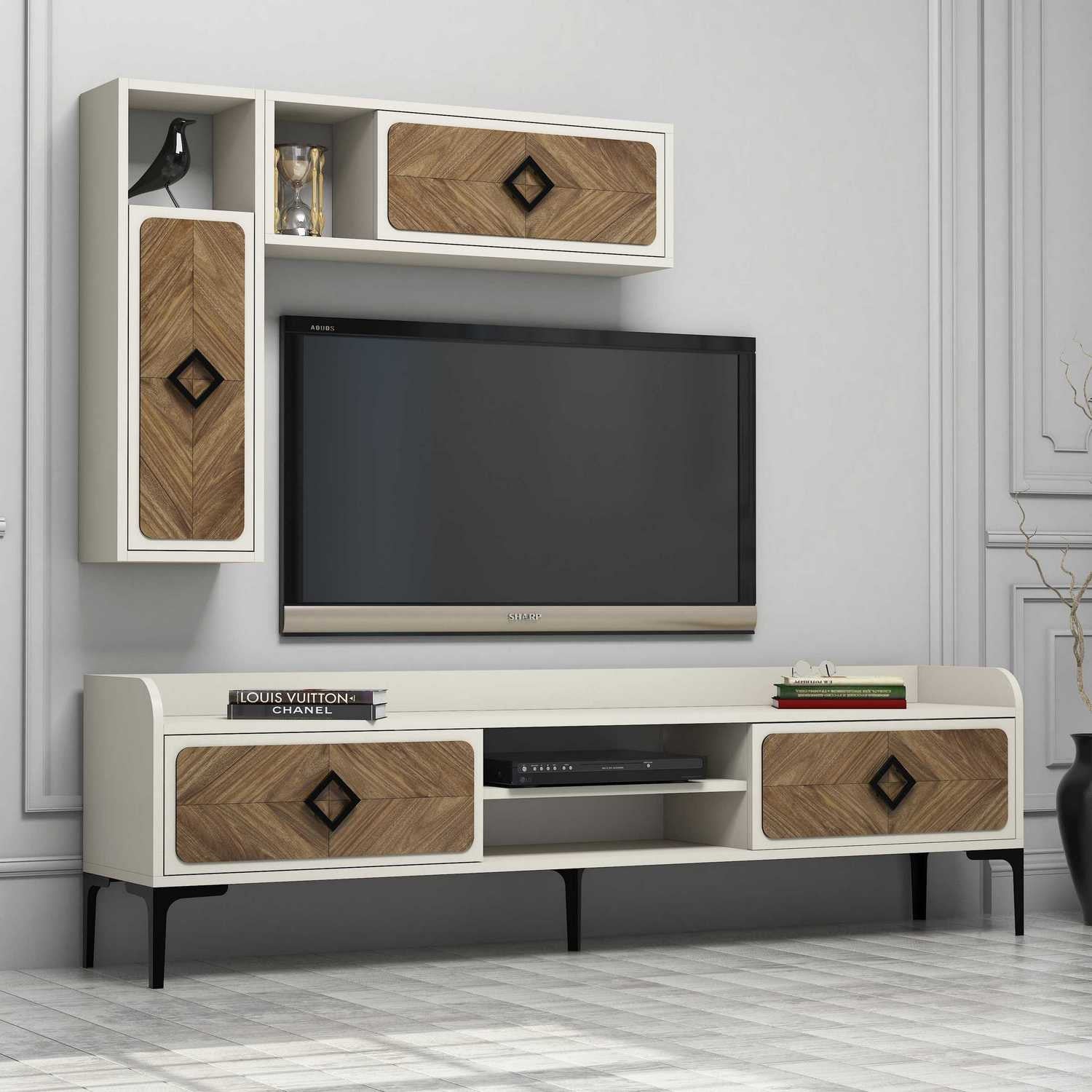 Móvel de TV moderno com prateleiras de parede (2 peças), nogueira e creme, 180 x 52 x 35 cm | 100% revestido em melamina, 18 mm de espessura | Solução de armazenamento elegante e funcional