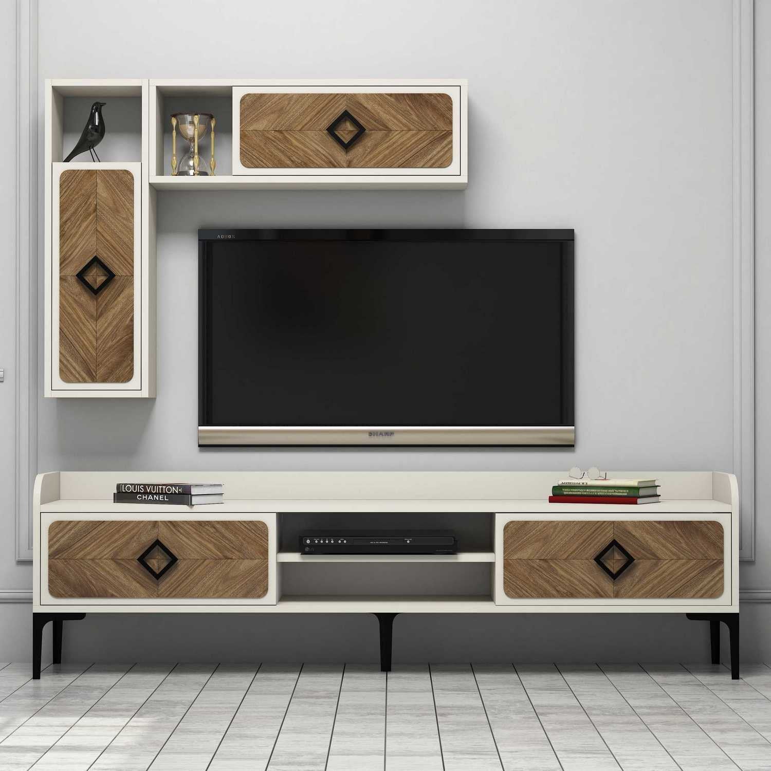 Móvel de TV moderno com prateleiras de parede (2 peças), nogueira e creme, 180 x 52 x 35 cm | 100% revestido em melamina, 18 mm de espessura | Solução de armazenamento elegante e funcional