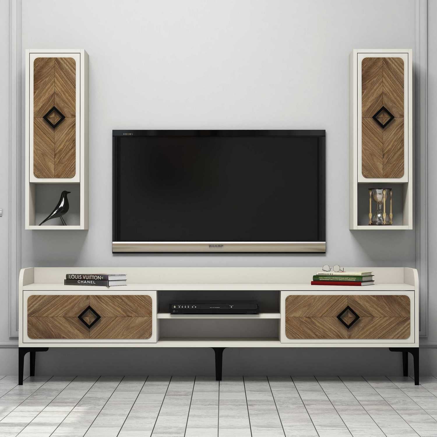Móvel de TV moderno com prateleiras de parede (2 peças), nogueira e creme, 180 x 52 x 35 cm | 100% revestido em melamina, 18 mm de espessura | Solução de armazenamento elegante e funcional
