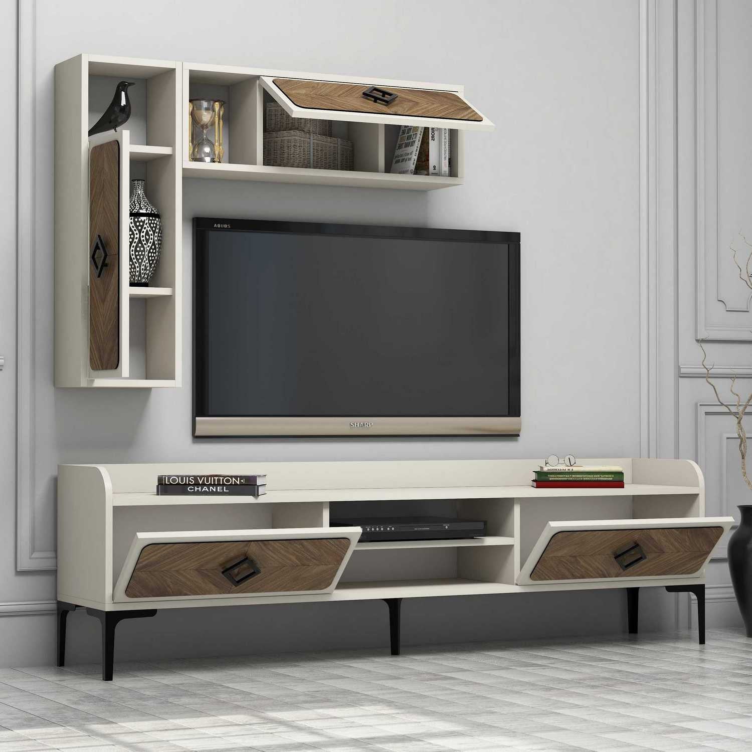 Móvel de TV moderno com prateleiras de parede (2 peças), nogueira e creme, 180 x 52 x 35 cm | 100% revestido em melamina, 18 mm de espessura | Solução de armazenamento elegante e funcional