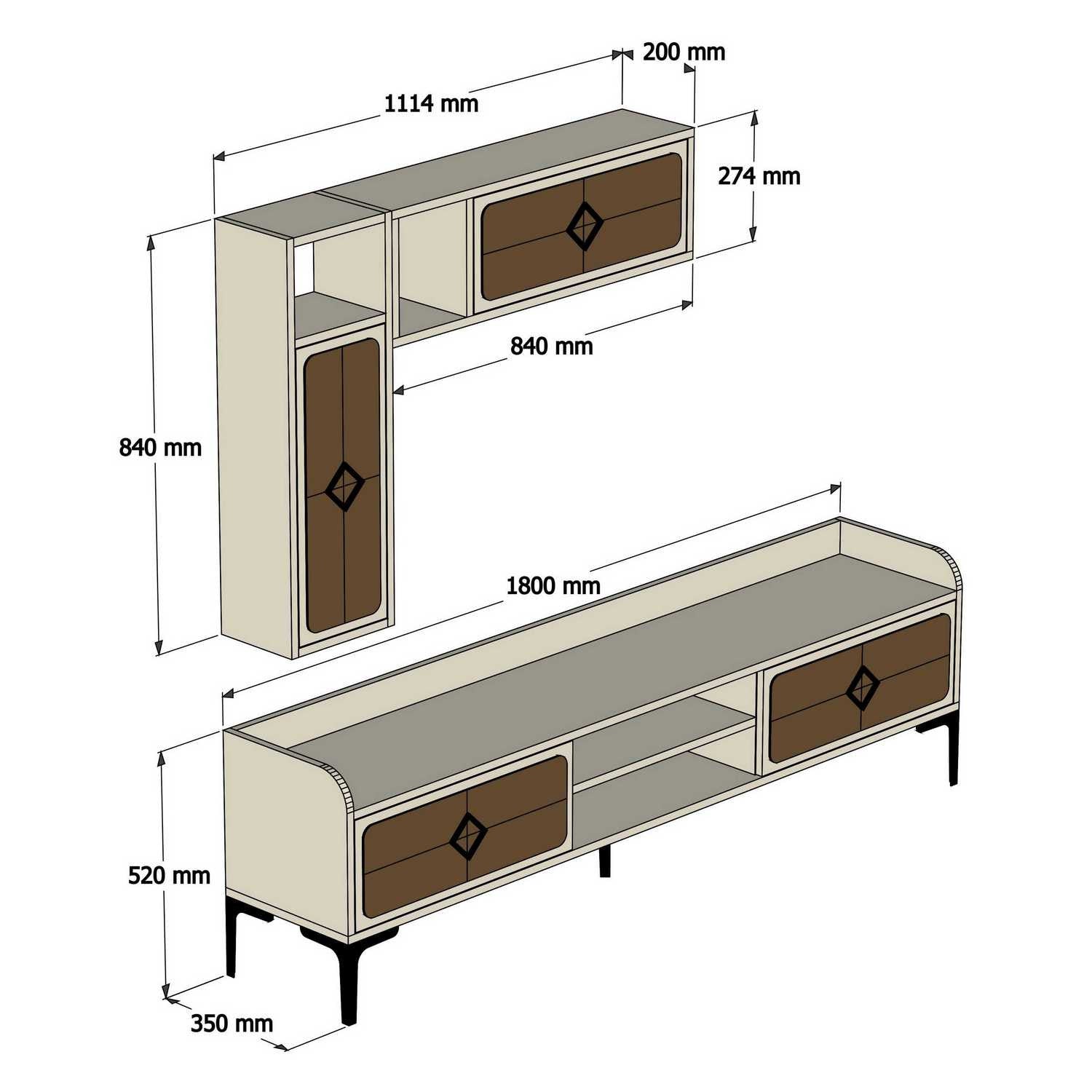 Móvel de TV moderno com prateleiras de parede (2 peças), nogueira e creme, 180 x 52 x 35 cm | 100% revestido em melamina, 18 mm de espessura | Solução de armazenamento elegante e funcional