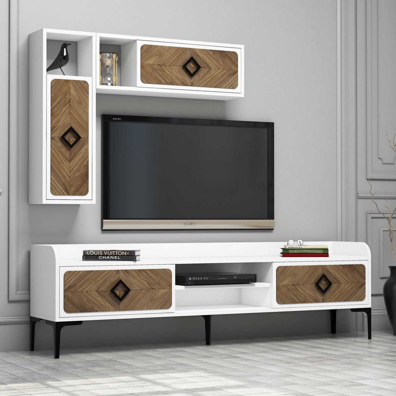 Móvel de TV moderno com prateleiras de parede (2 peças), branco e nogueira, 180 x 52 x 35 cm | 100% revestido em melamina, 18 mm de espessura | Solução de armazenamento elegante e funcional