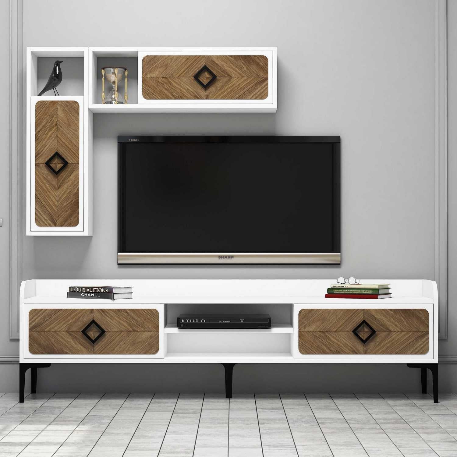 Móvel de TV moderno com prateleiras de parede (2 peças), branco e nogueira, 180 x 52 x 35 cm | 100% revestido em melamina, 18 mm de espessura | Solução de armazenamento elegante e funcional