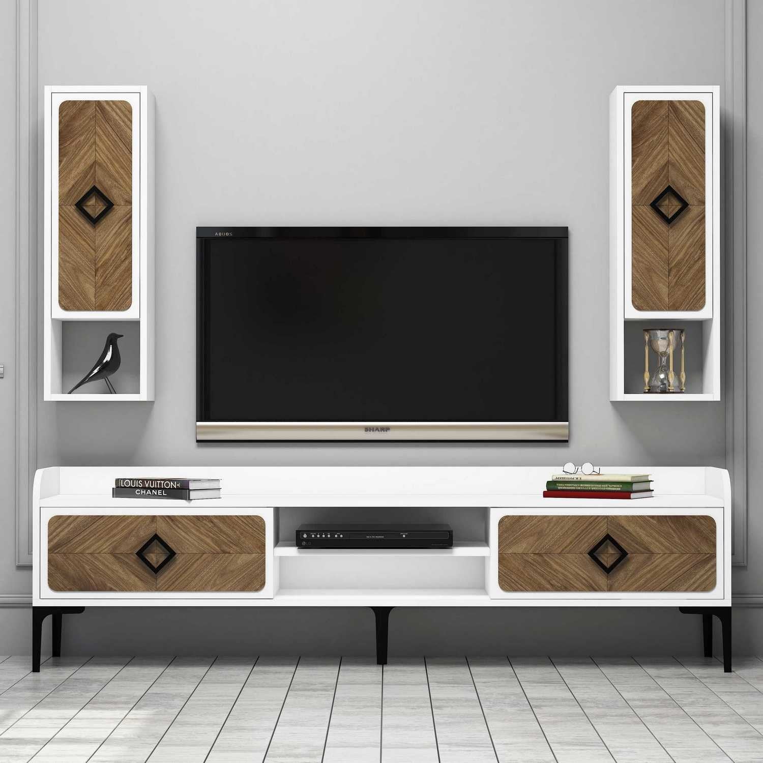 Móvel de TV moderno com prateleiras de parede (2 peças), branco e nogueira, 180 x 52 x 35 cm | 100% revestido em melamina, 18 mm de espessura | Solução de armazenamento elegante e funcional