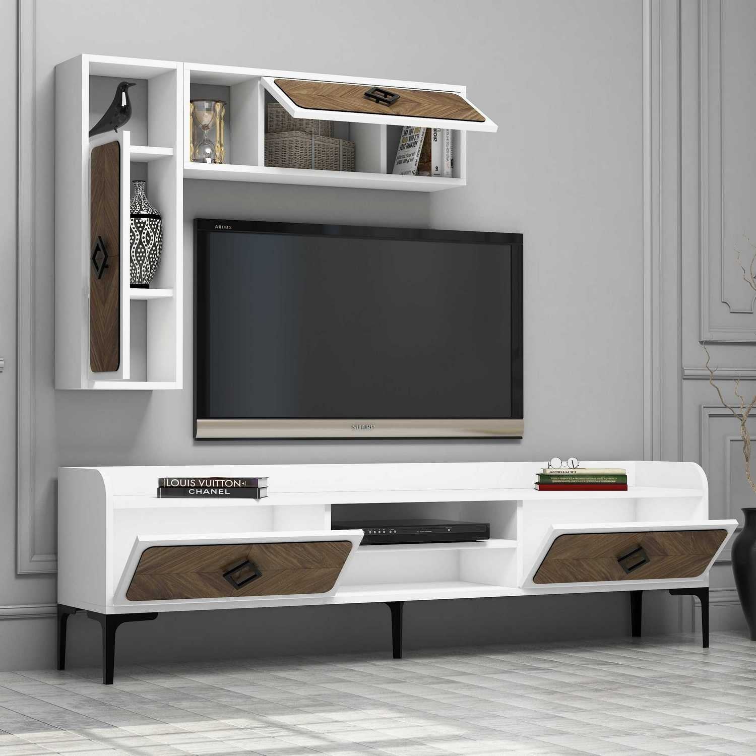 Móvel de TV moderno com prateleiras de parede (2 peças), branco e nogueira, 180 x 52 x 35 cm | 100% revestido em melamina, 18 mm de espessura | Solução de armazenamento elegante e funcional