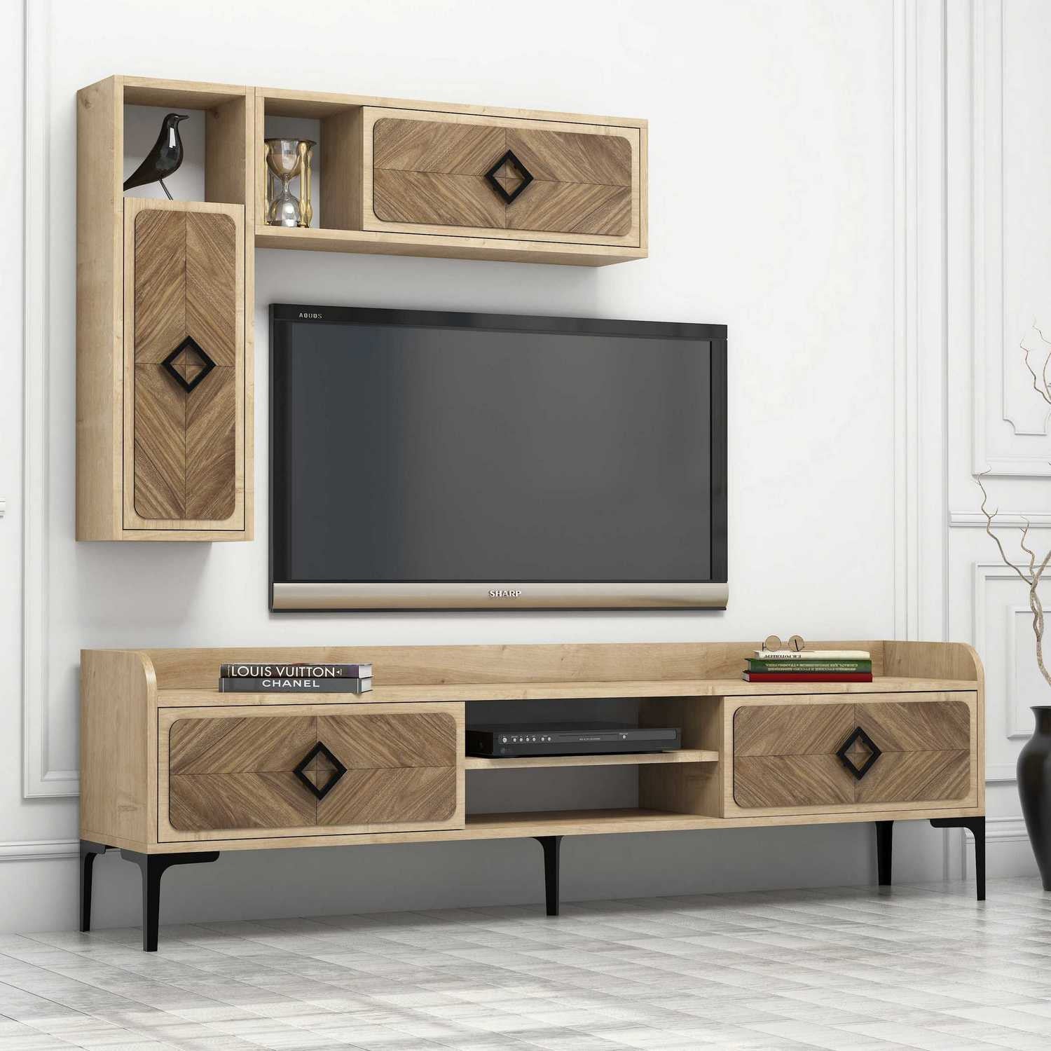 Móvel de TV moderno em carvalho com prateleiras de parede (2 peças), 180 cm x 52 cm x 35 cm | 100% revestido em melamina, 18 mm de espessura | Elegante e funcional para salas de estar