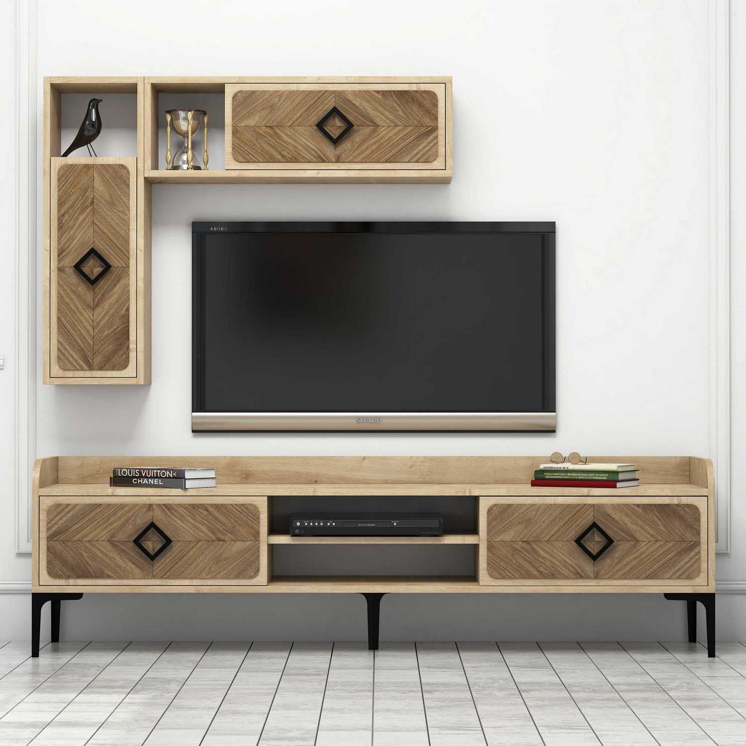 Móvel de TV moderno em carvalho com prateleiras de parede (2 peças), 180 cm x 52 cm x 35 cm | 100% revestido em melamina, 18 mm de espessura | Elegante e funcional para salas de estar