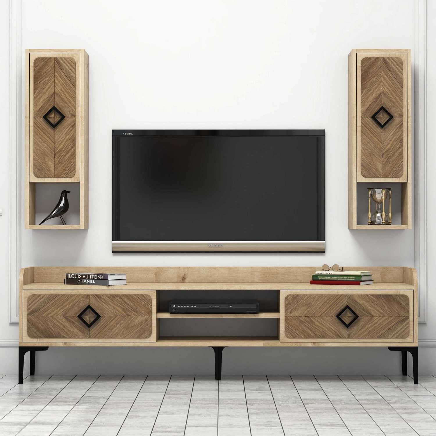 Móvel de TV moderno em carvalho com prateleiras de parede (2 peças), 180 cm x 52 cm x 35 cm | 100% revestido em melamina, 18 mm de espessura | Elegante e funcional para salas de estar