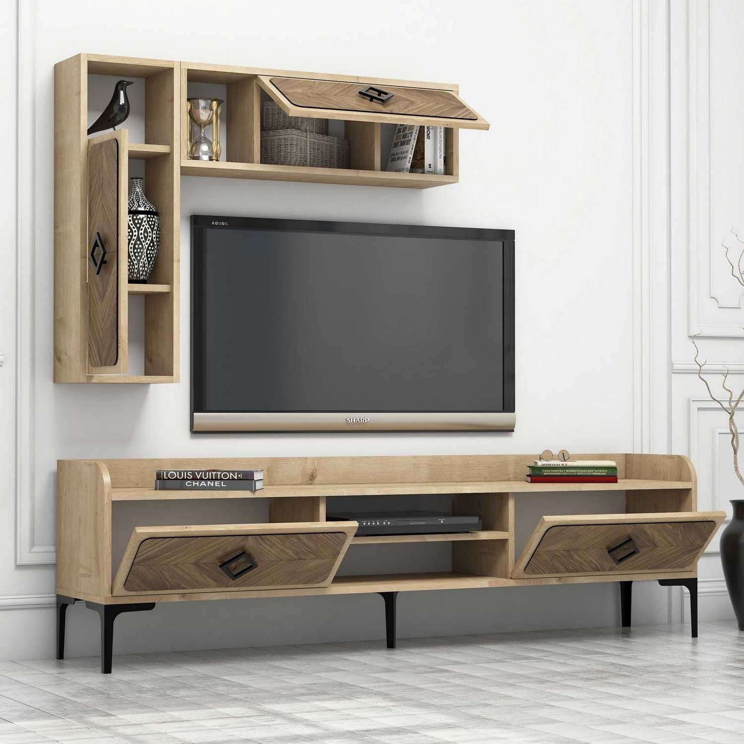 Móvel de TV moderno em carvalho com prateleiras de parede (2 peças), 180 cm x 52 cm x 35 cm | 100% revestido em melamina, 18 mm de espessura | Elegante e funcional para salas de estar