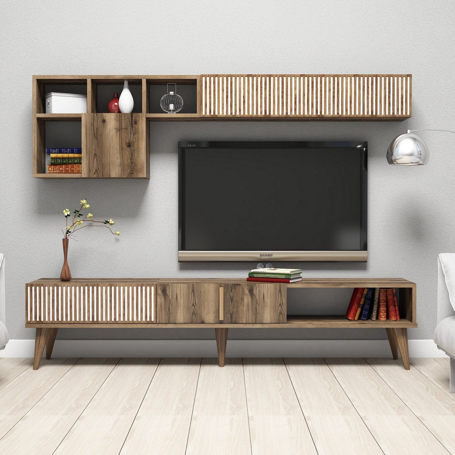 Móvel de TV moderno em nogueira com prateleiras de parede, 180 cm de largura, 100% revestido em melamina, 18 mm de espessura, design elegante e funcional para entretenimento doméstico
