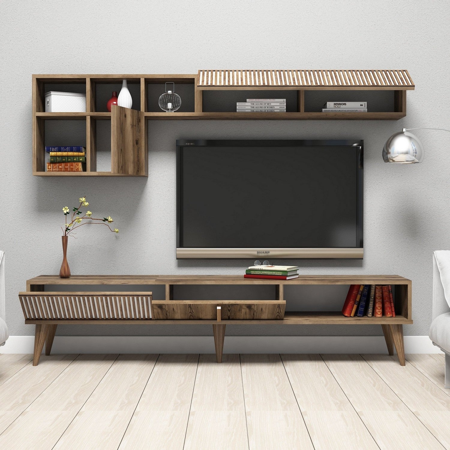 Móvel de TV moderno em nogueira com prateleiras de parede, 180 cm de largura, 100% revestido em melamina, 18 mm de espessura, design elegante e funcional para entretenimento doméstico