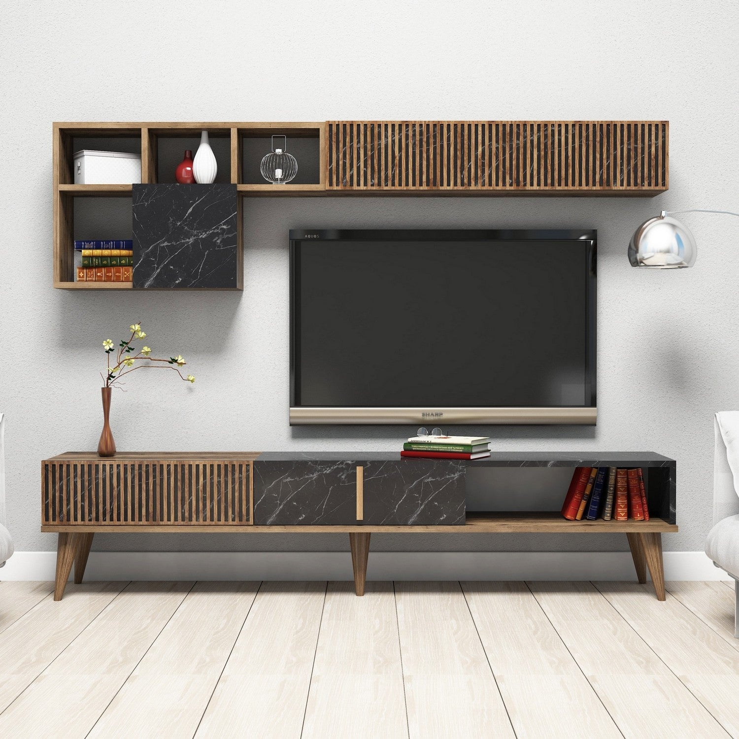 Móvel de TV moderno com prateleiras de parede, nogueira e preto, 180 cm | 100% revestido em melamina, 18 mm de espessura | Design elegante e funcional para sala de estar
