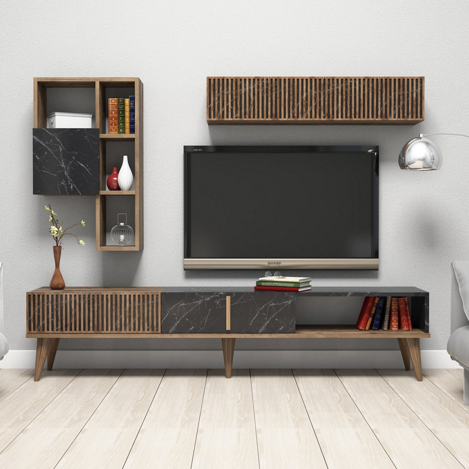Móvel de TV moderno com prateleiras de parede, nogueira e preto, 180 cm | 100% revestido em melamina, 18 mm de espessura | Design elegante e funcional para sala de estar