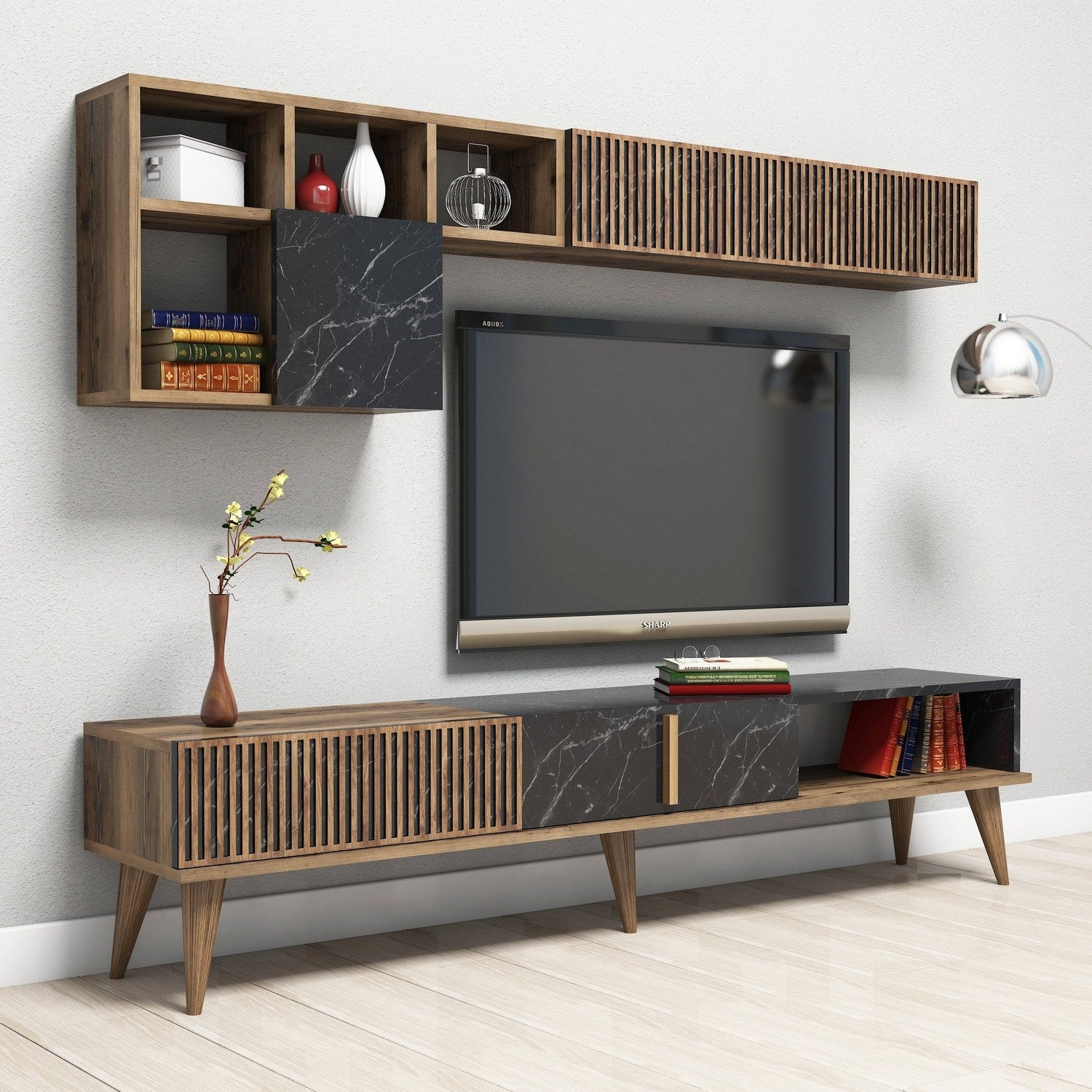 Móvel de TV moderno com prateleiras de parede, nogueira e preto, 180 cm | 100% revestido em melamina, 18 mm de espessura | Design elegante e funcional para sala de estar