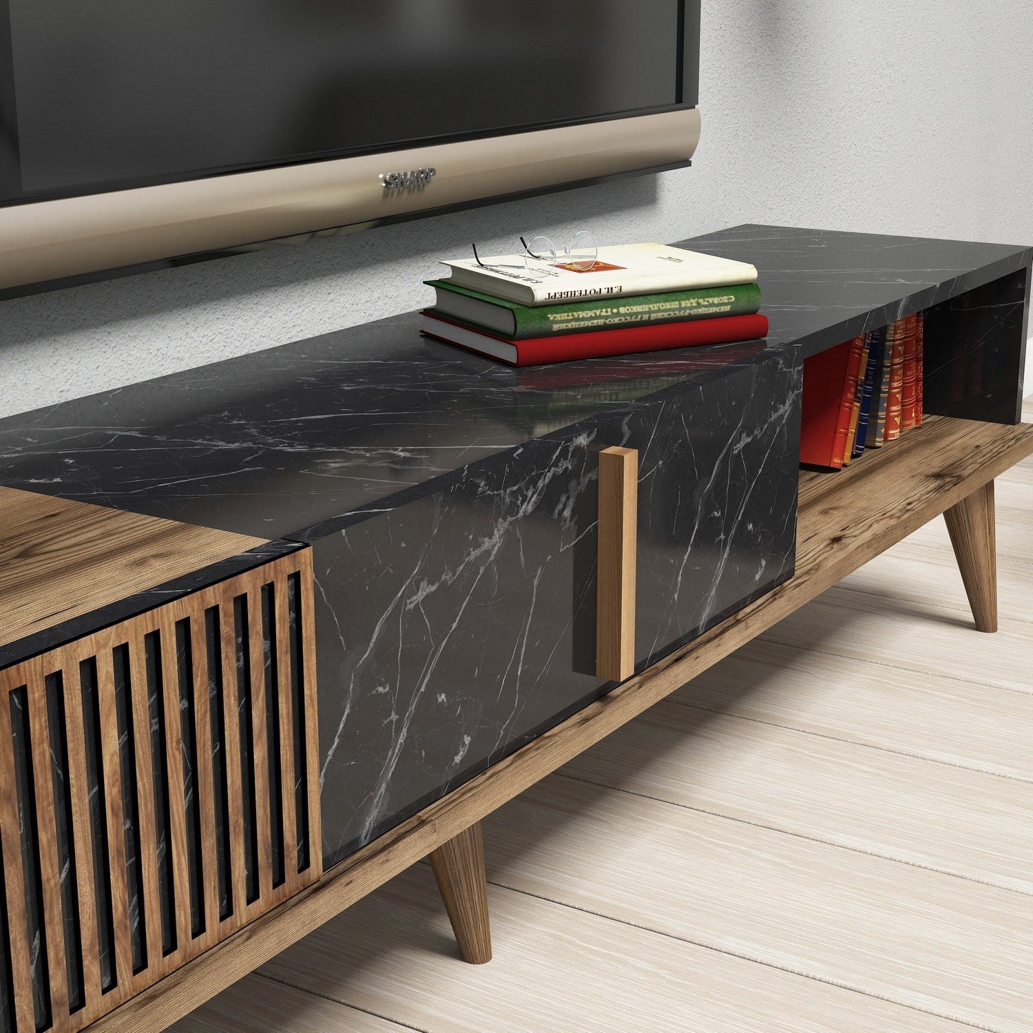 Móvel de TV moderno com prateleiras de parede, nogueira e preto, 180 cm | 100% revestido em melamina, 18 mm de espessura | Design elegante e funcional para sala de estar