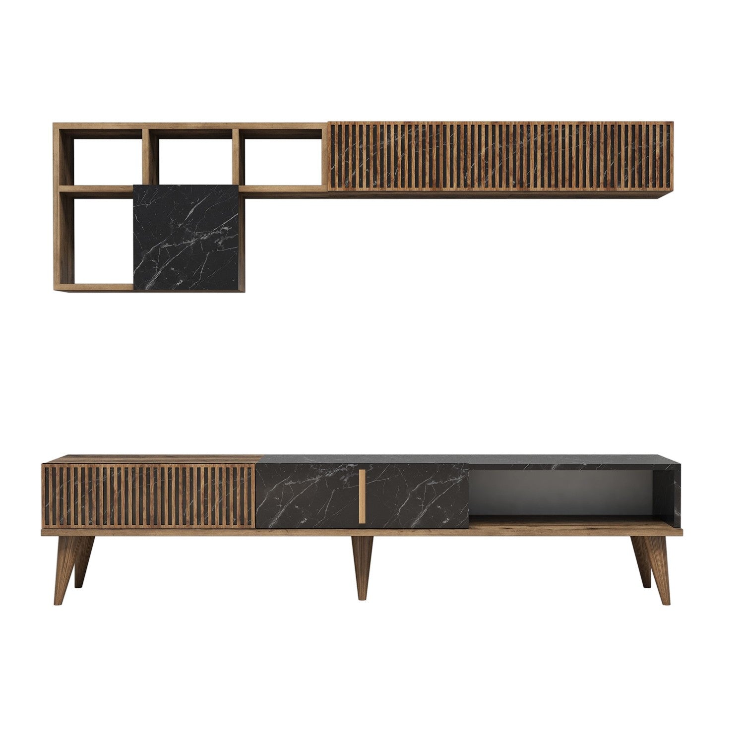 Móvel de TV moderno com prateleiras de parede, nogueira e preto, 180 cm | 100% revestido em melamina, 18 mm de espessura | Design elegante e funcional para sala de estar