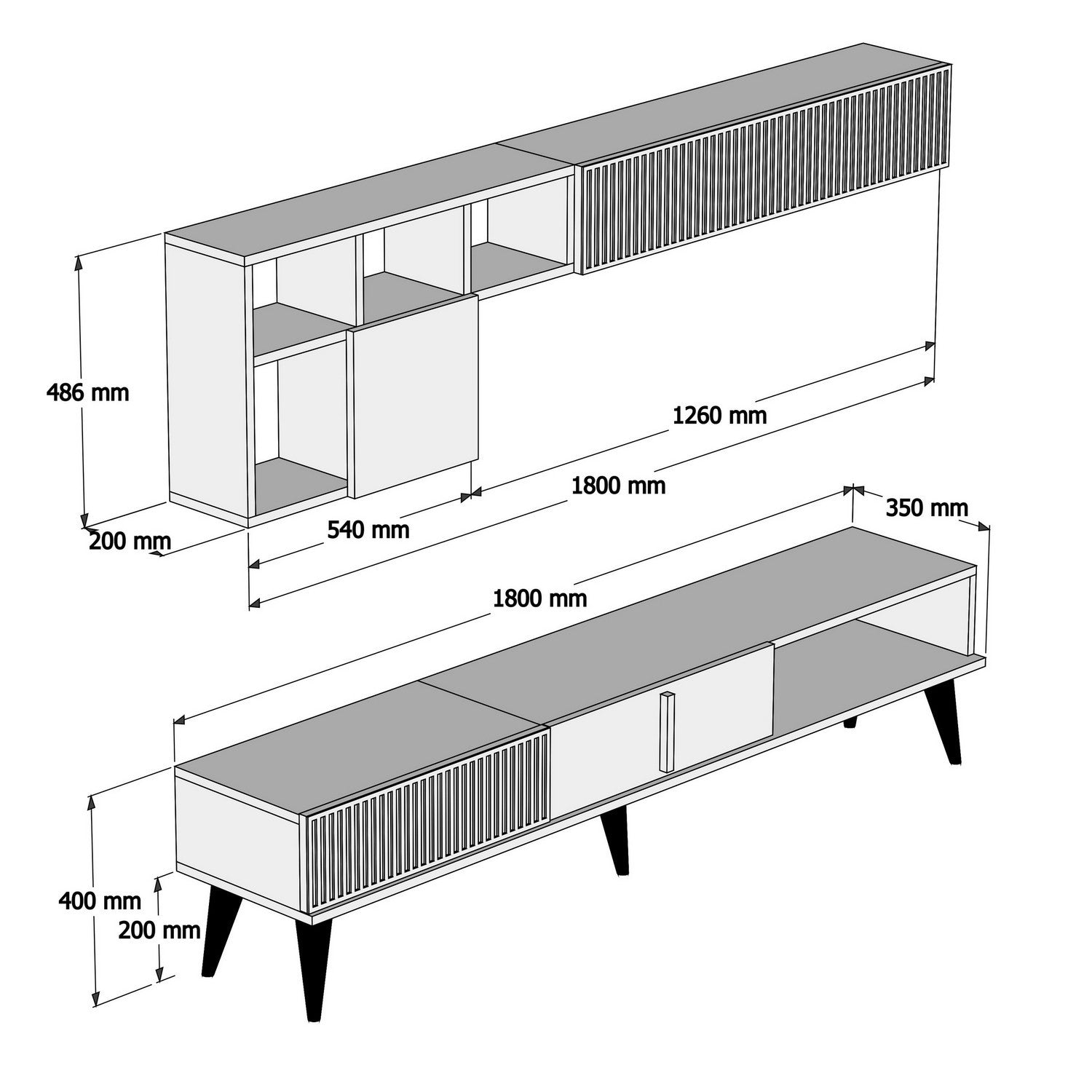Móvel de TV moderno com prateleiras de parede, nogueira e preto, 180 cm | 100% revestido em melamina, 18 mm de espessura | Design elegante e funcional para sala de estar
