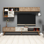 Móvel de TV moderno com prateleiras de parede, nogueira e branco, 180 cm | 100% revestido em melamina, 18 mm de espessura | Design elegante e funcional para sala de estar
