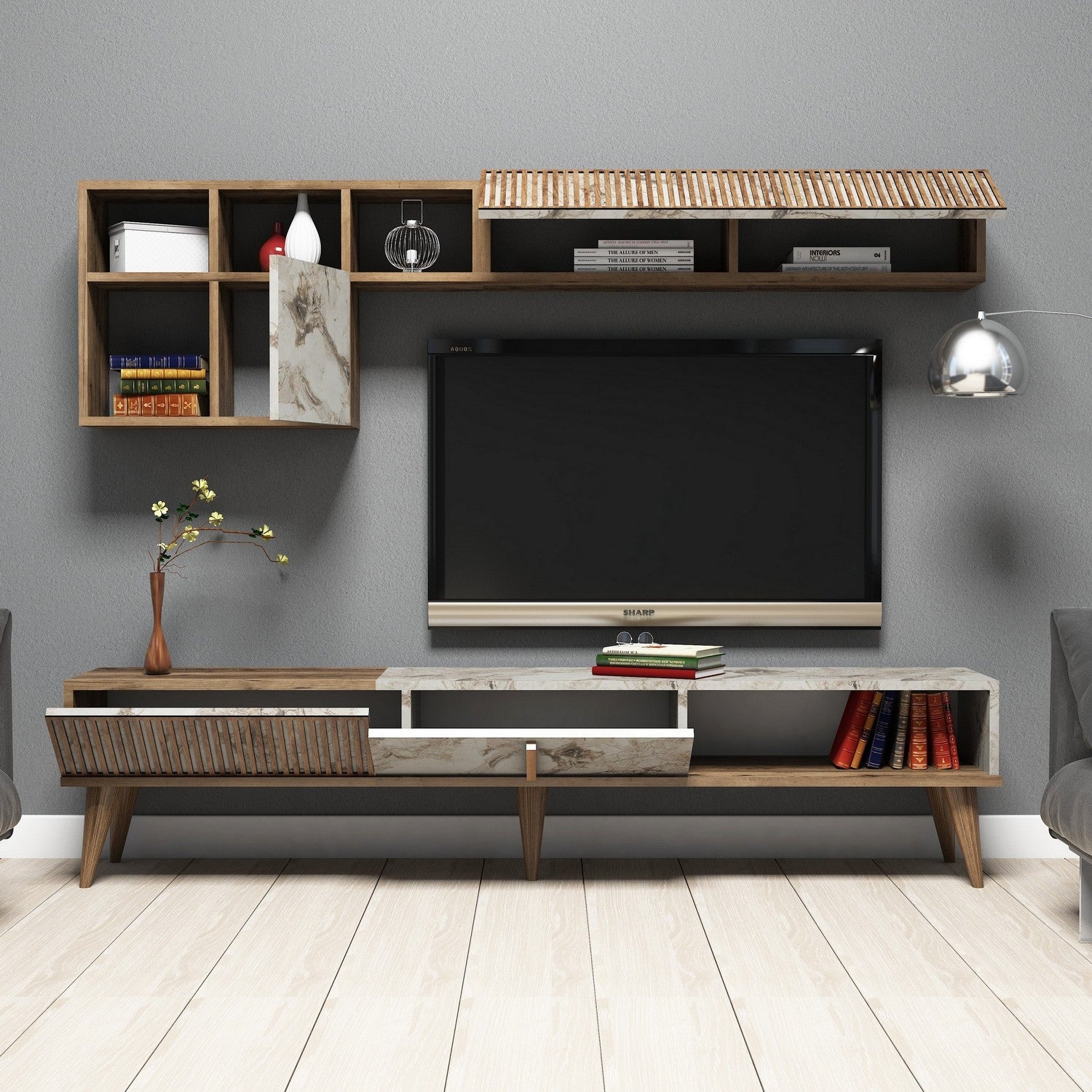 Móvel de TV moderno com prateleiras de parede, nogueira e branco, 180 cm | 100% revestido em melamina, 18 mm de espessura | Design elegante e funcional para sala de estar