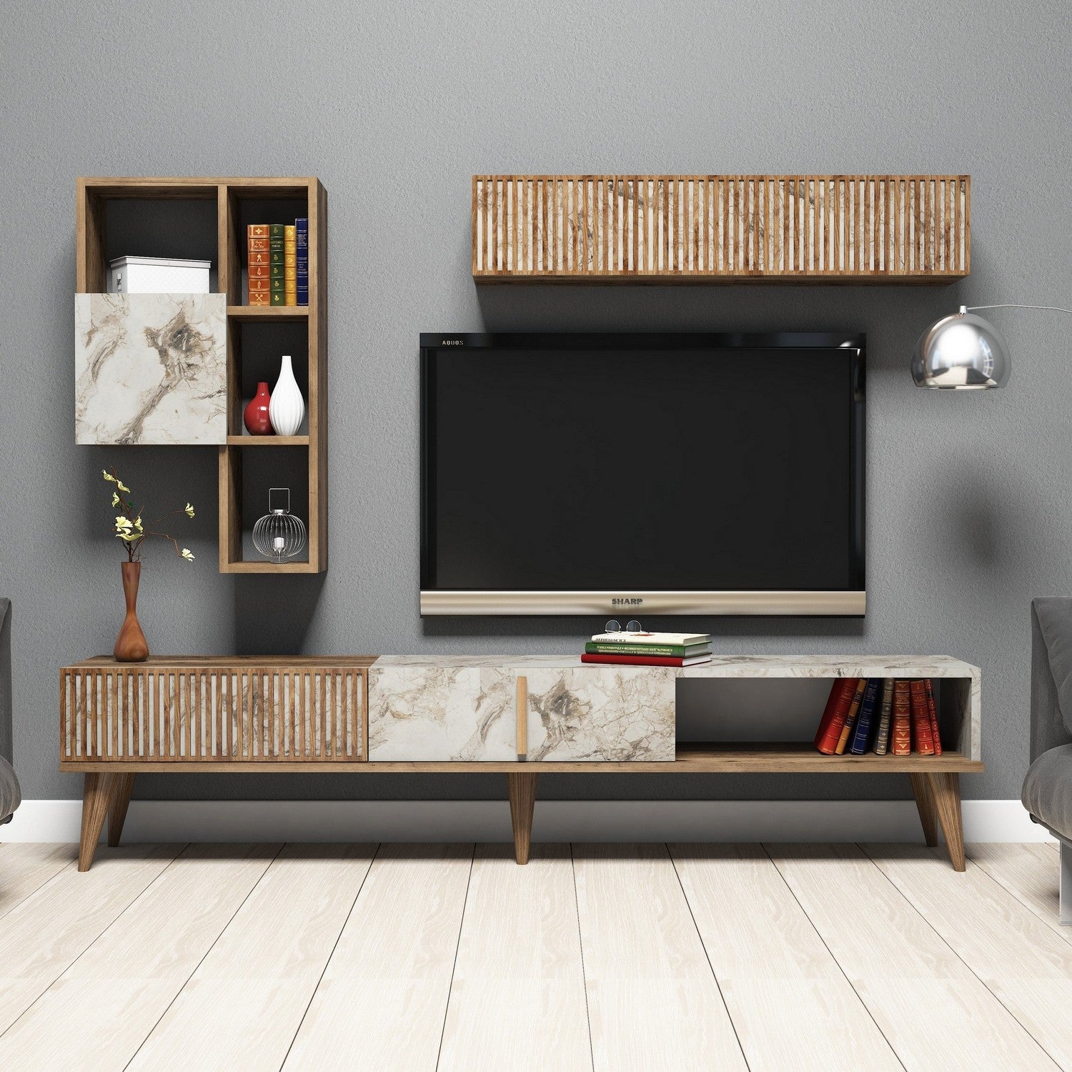 Móvel de TV moderno com prateleiras de parede, nogueira e branco, 180 cm | 100% revestido em melamina, 18 mm de espessura | Design elegante e funcional para sala de estar