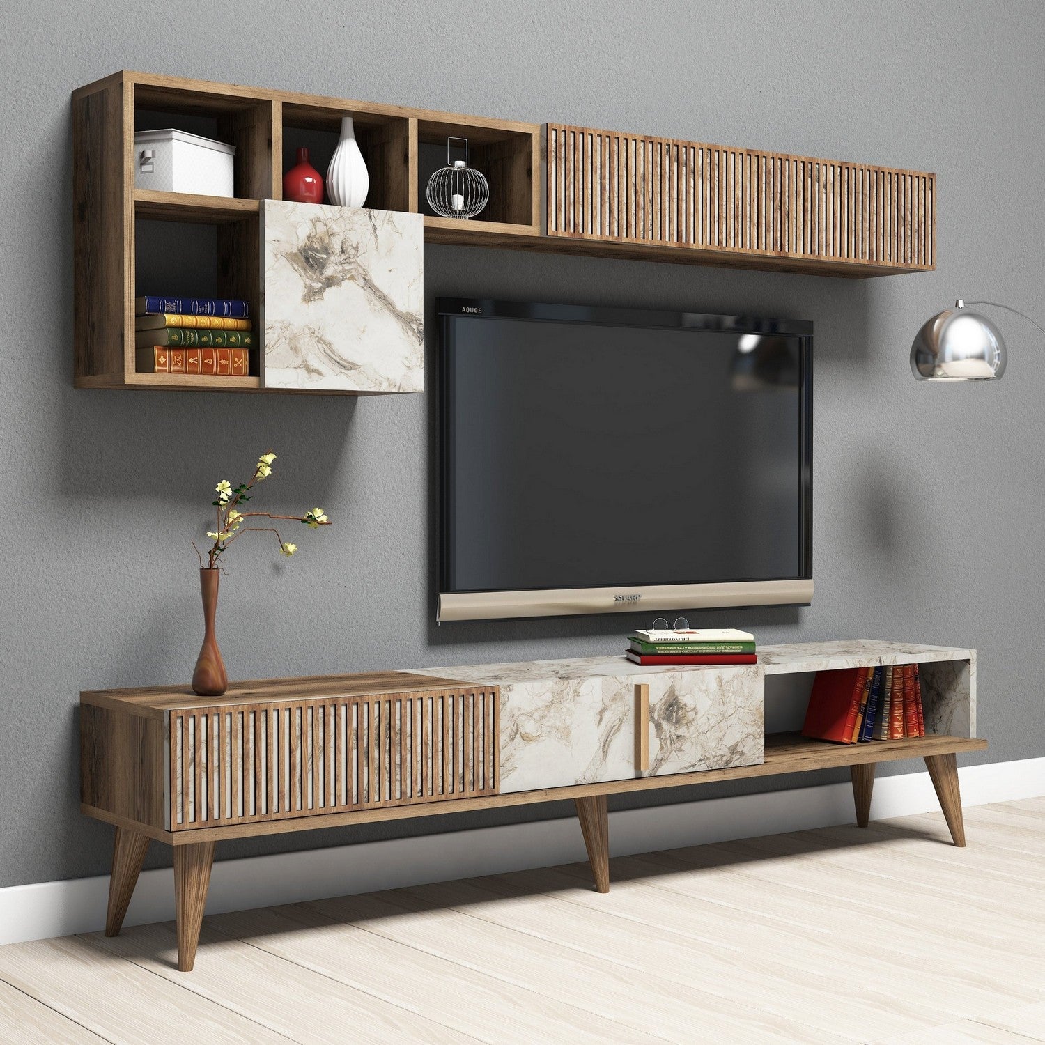 Móvel de TV moderno com prateleiras de parede, nogueira e branco, 180 cm | 100% revestido em melamina, 18 mm de espessura | Design elegante e funcional para sala de estar