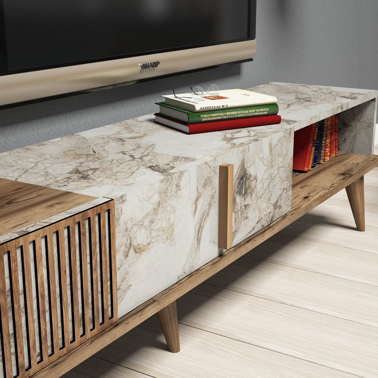 Móvel de TV moderno com prateleiras de parede, nogueira e branco, 180 cm | 100% revestido em melamina, 18 mm de espessura | Design elegante e funcional para sala de estar