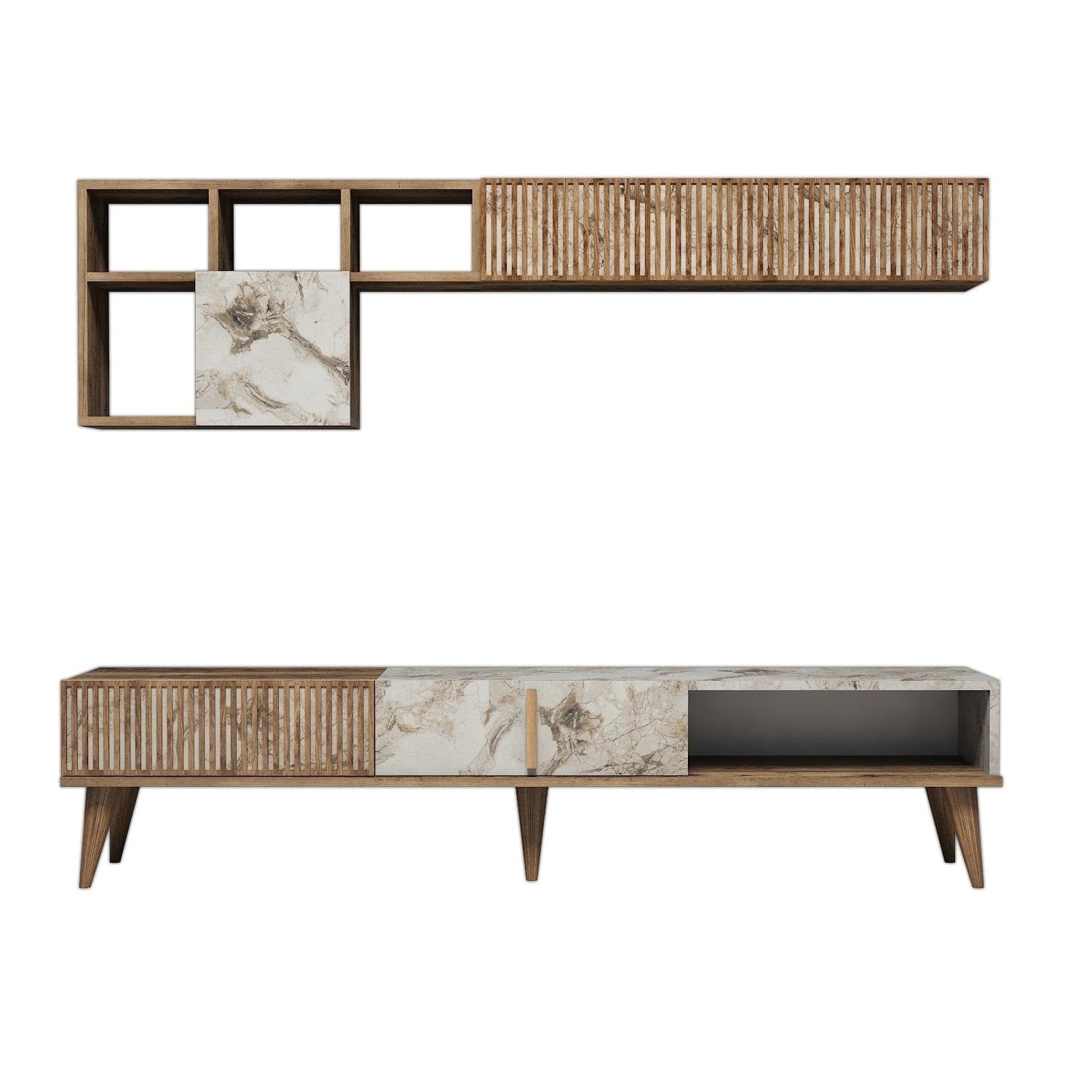 Móvel de TV moderno com prateleiras de parede, nogueira e branco, 180 cm | 100% revestido em melamina, 18 mm de espessura | Design elegante e funcional para sala de estar