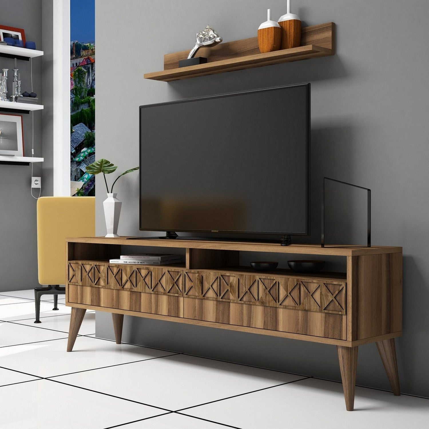 Móvel de TV moderno em nogueira com prateleira de parede, 150 cm de largura, 100% revestido em melamina, 18 mm de espessura | Design elegante e funcional para salas de estar e espaços de entretenimento