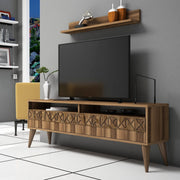Móvel de TV moderno em nogueira com prateleira de parede, 150 cm de largura, 100% revestido em melamina, 18 mm de espessura | Design elegante e funcional para salas de estar e espaços de entretenimento