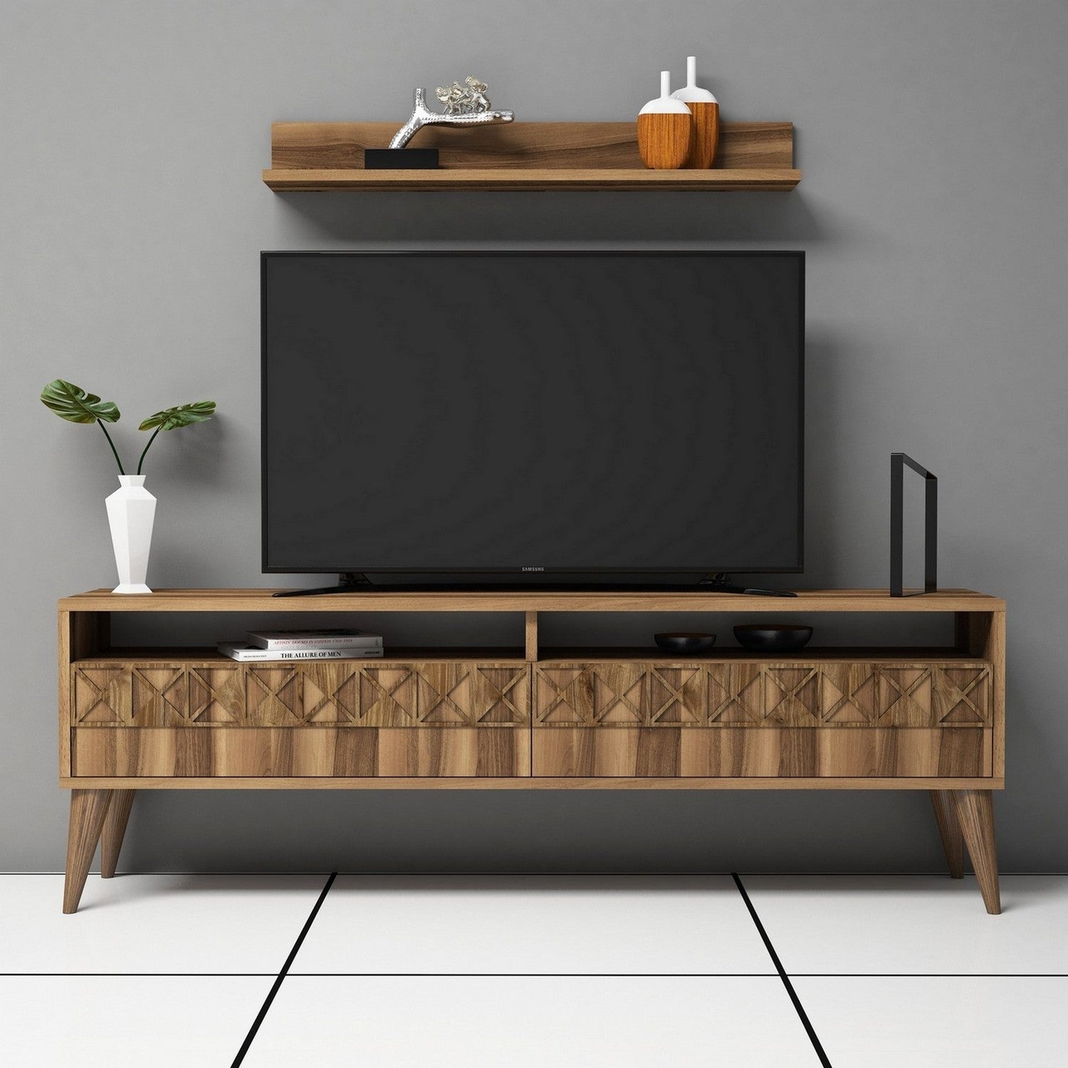 Móvel de TV moderno em nogueira com prateleira de parede, 150 cm de largura, 100% revestido em melamina, 18 mm de espessura | Design elegante e funcional para salas de estar e espaços de entretenimento