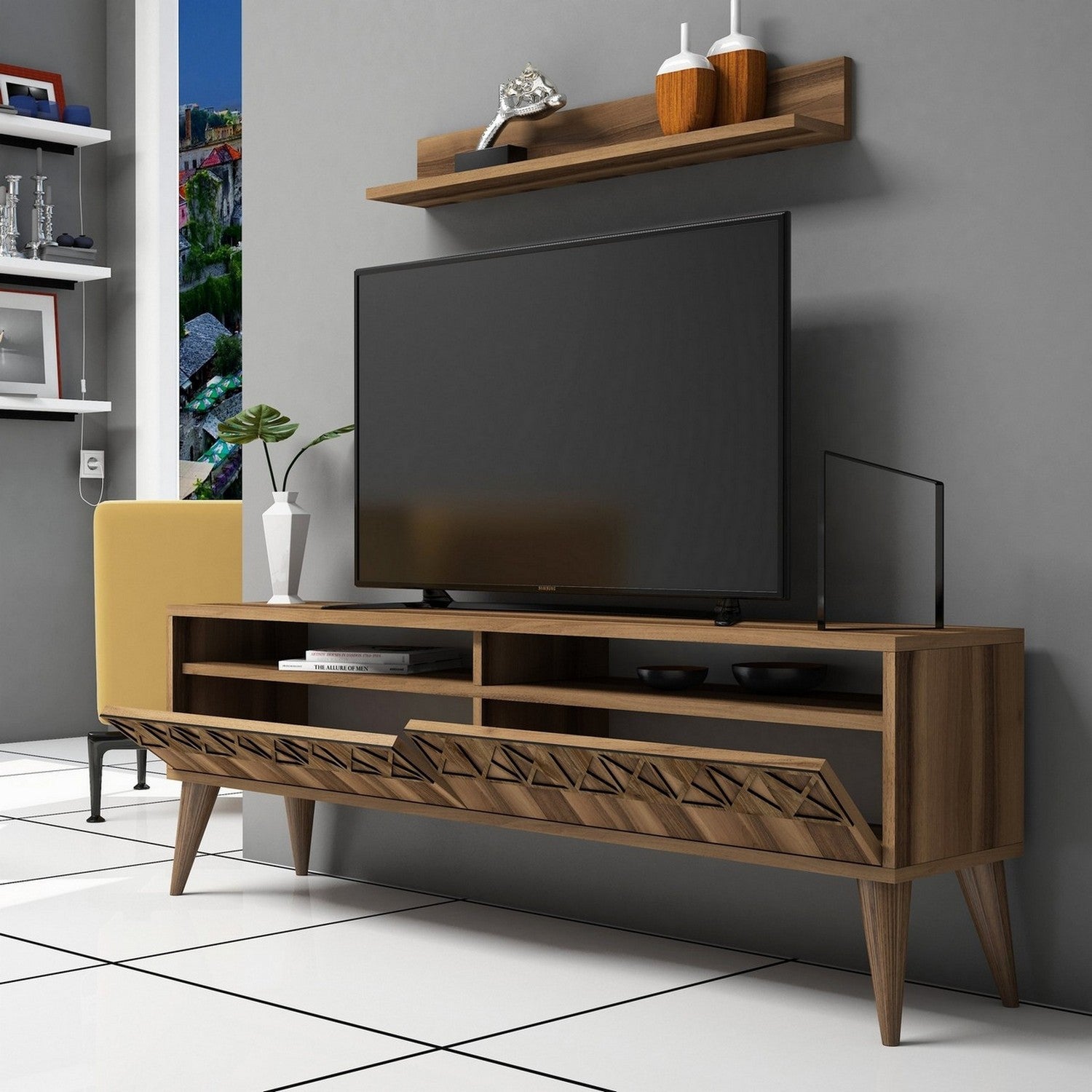 Móvel de TV moderno em nogueira com prateleira de parede, 150 cm de largura, 100% revestido em melamina, 18 mm de espessura | Design elegante e funcional para salas de estar e espaços de entretenimento