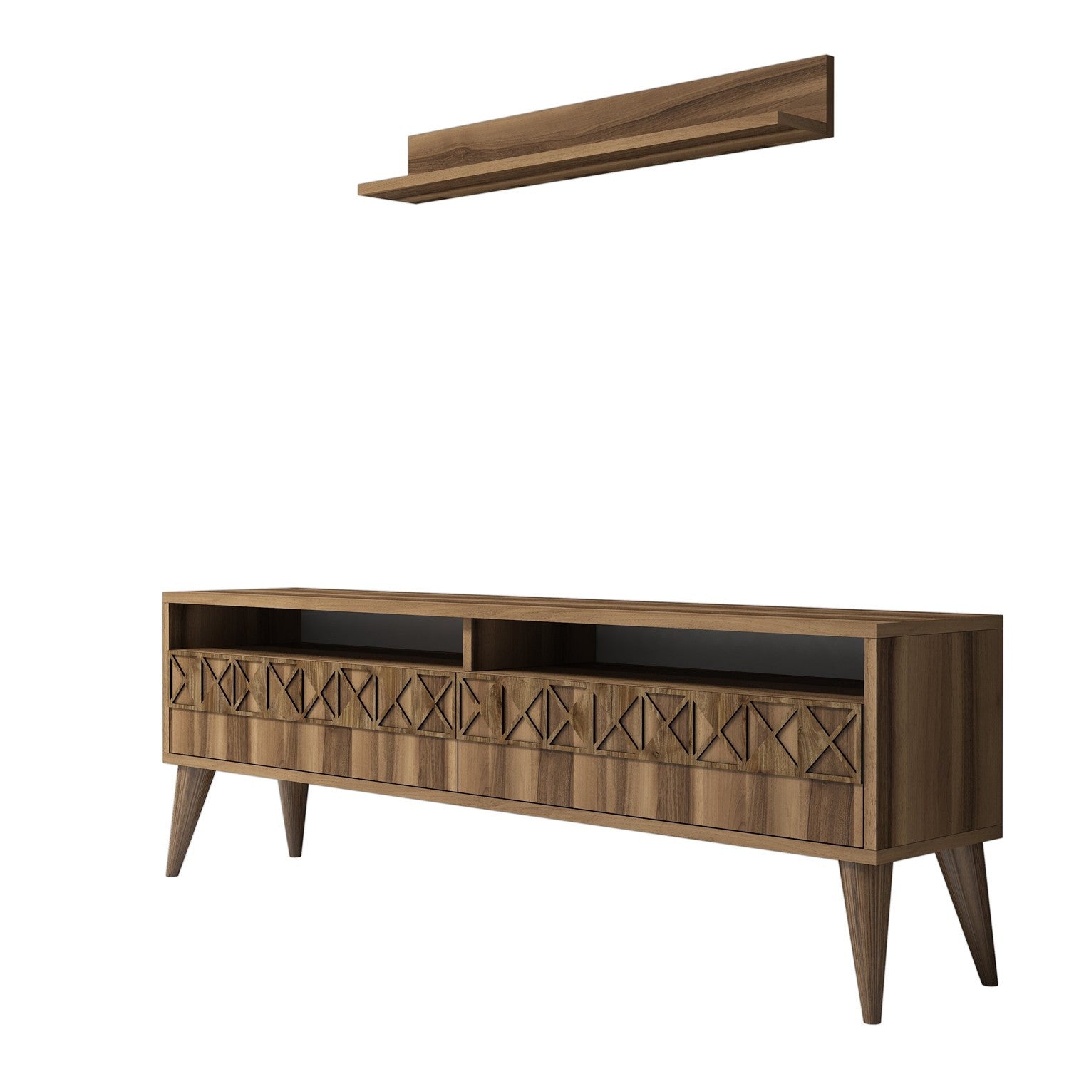 Móvel de TV moderno em nogueira com prateleira de parede, 150 cm de largura, 100% revestido em melamina, 18 mm de espessura | Design elegante e funcional para salas de estar e espaços de entretenimento