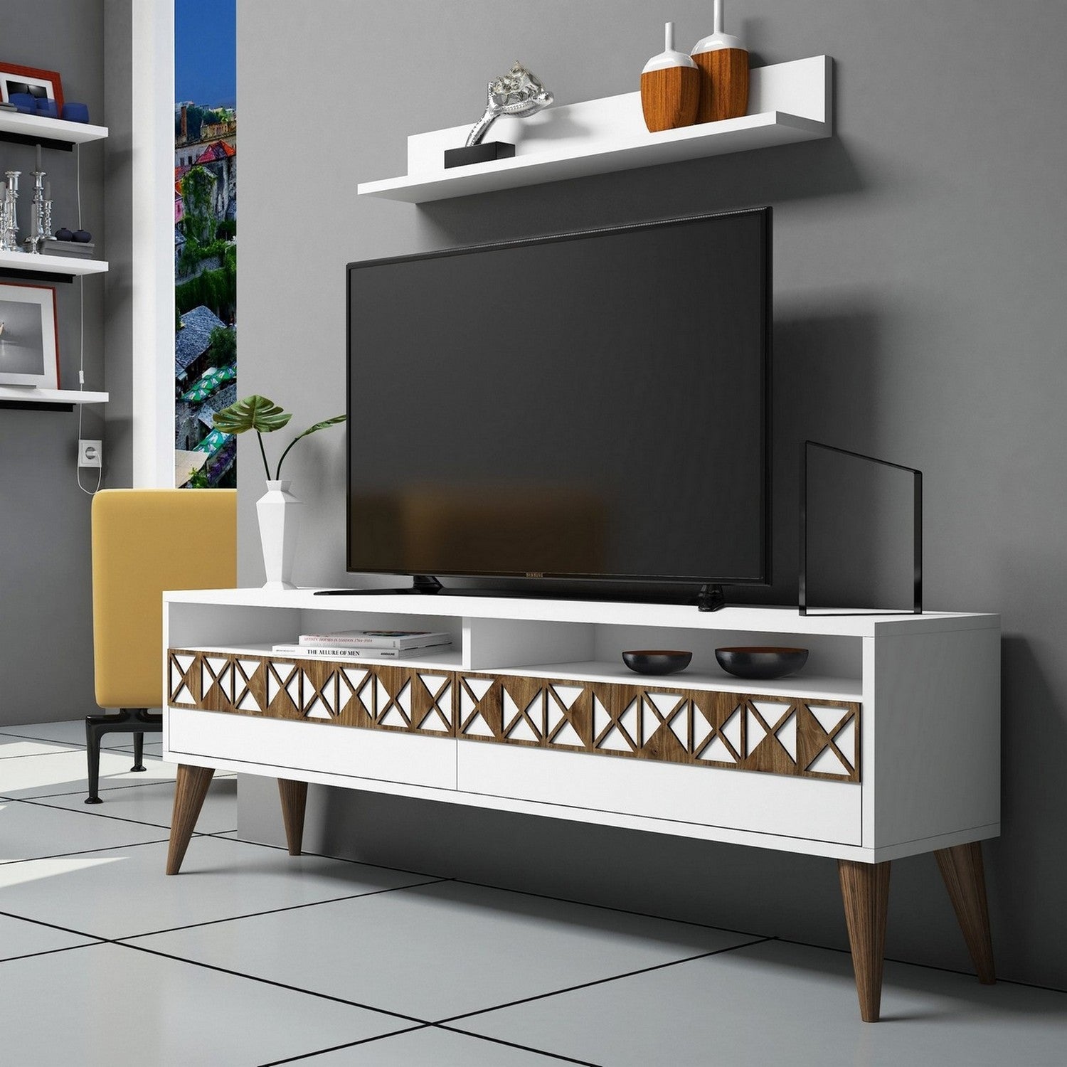 Móvel de TV moderno branco com prateleira de parede, 150 cm x 50 cm x 30 cm | Painel de partículas 100% revestido em melamina, 18 mm de espessura | Design elegante e funcional para sala de estar