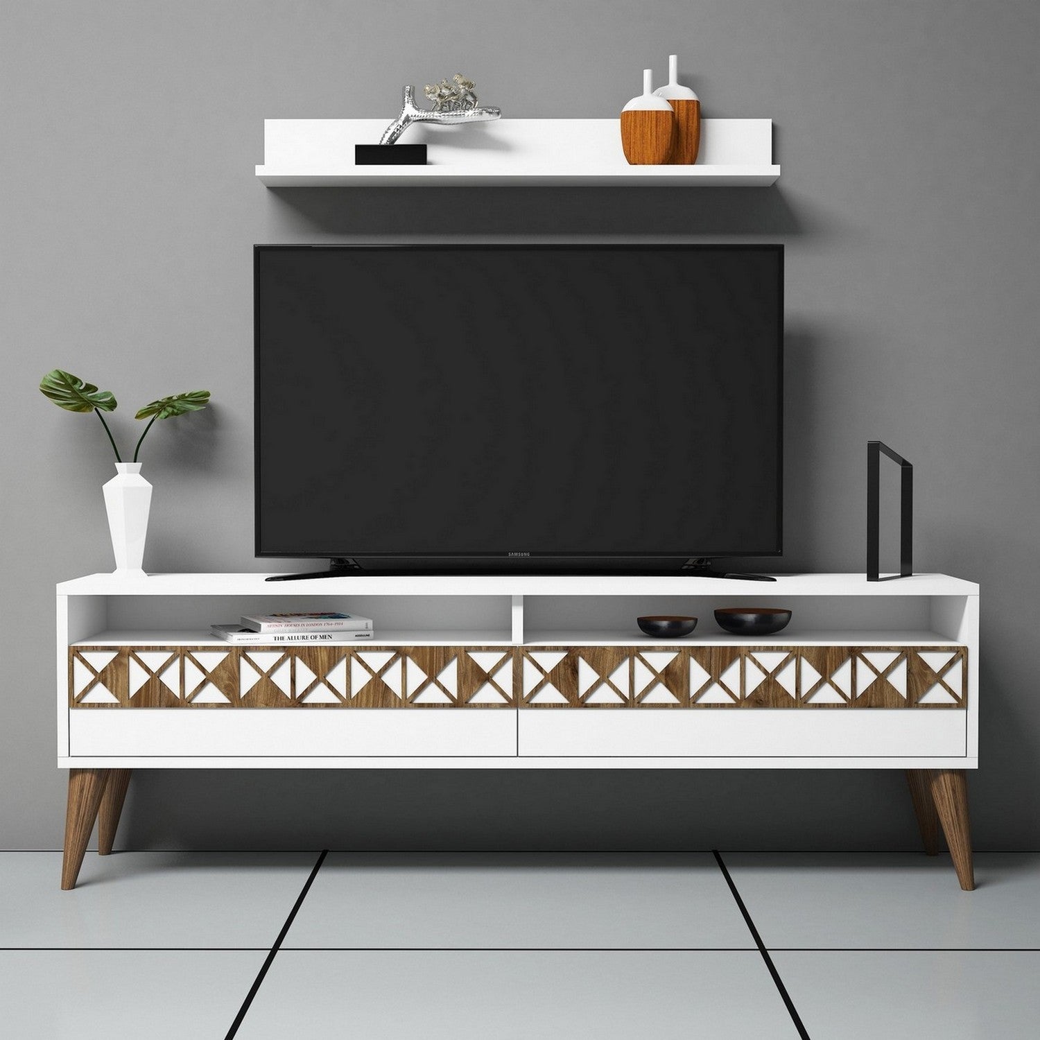 Móvel de TV moderno branco com prateleira de parede, 150 cm x 50 cm x 30 cm | Painel de partículas 100% revestido em melamina, 18 mm de espessura | Design elegante e funcional para sala de estar