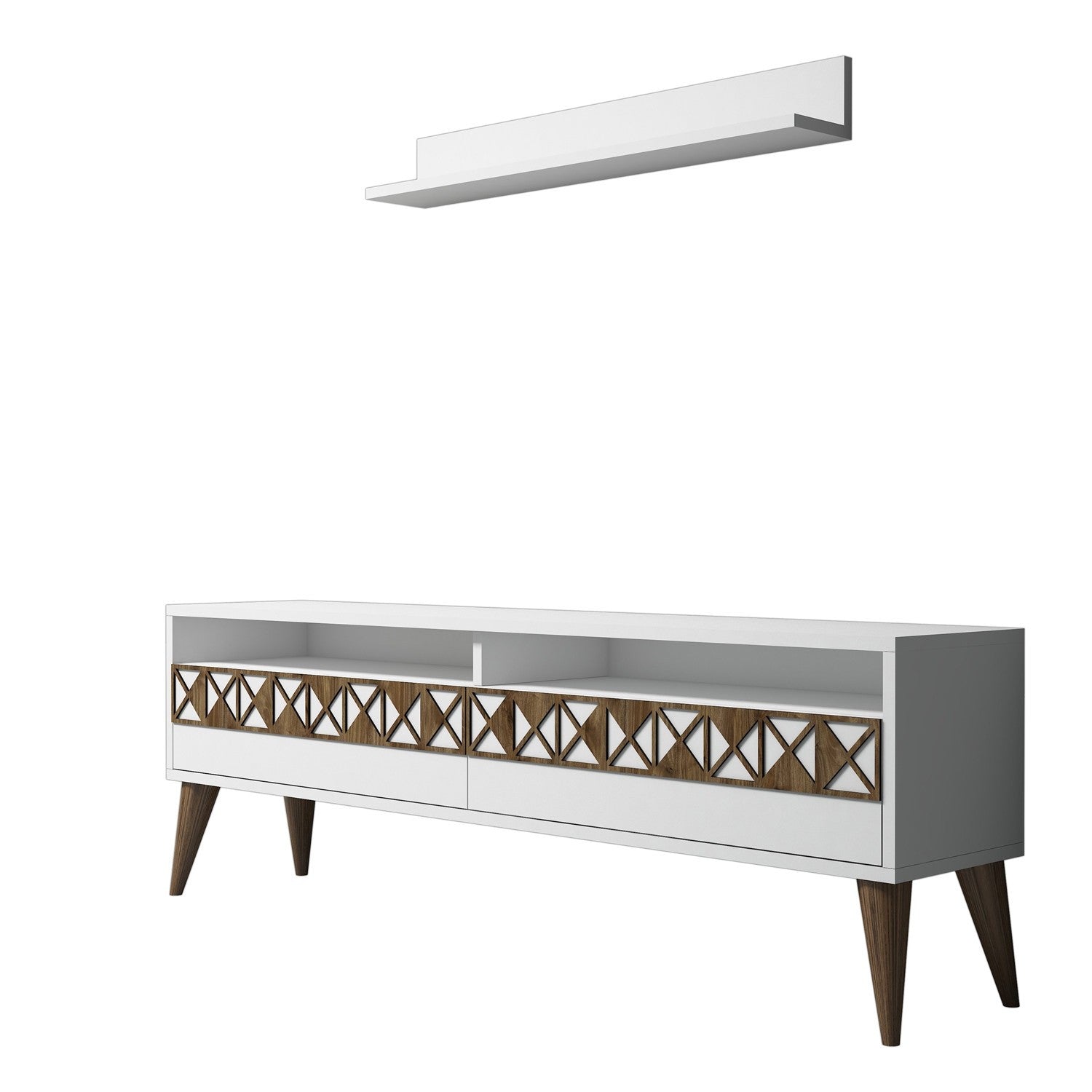 Móvel de TV moderno branco com prateleira de parede, 150 cm x 50 cm x 30 cm | Painel de partículas 100% revestido em melamina, 18 mm de espessura | Design elegante e funcional para sala de estar