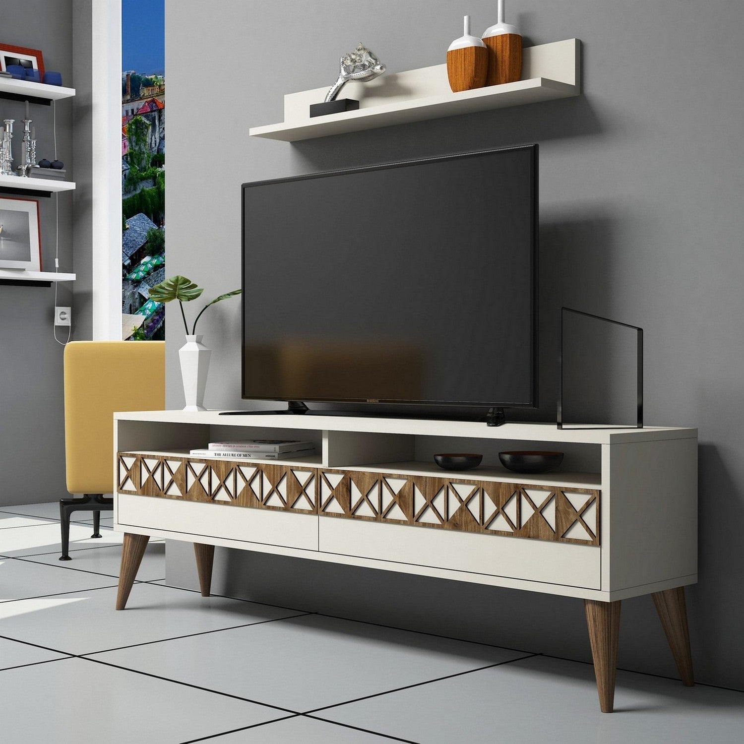 Móvel de TV moderno em creme com prateleira de parede, 150 cm de largura, 100% revestido em melamina, 18 mm de espessura | Design elegante e funcional para salas de estar e espaços de entretenimento